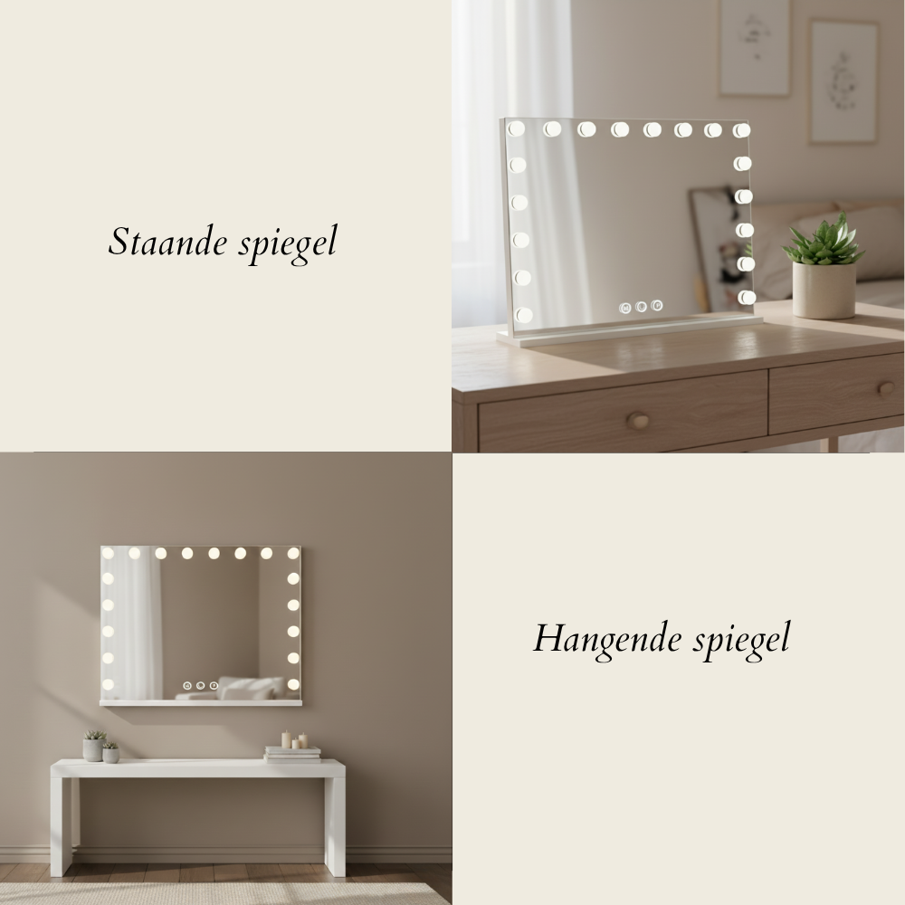 A standing mirror with lights on a wooden desk and a wall-mounted mirror with lights.