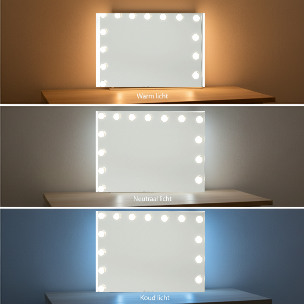 Een verlichte spiegel met drie verschillende lichtinstellingen: warm, neutraal en koud.