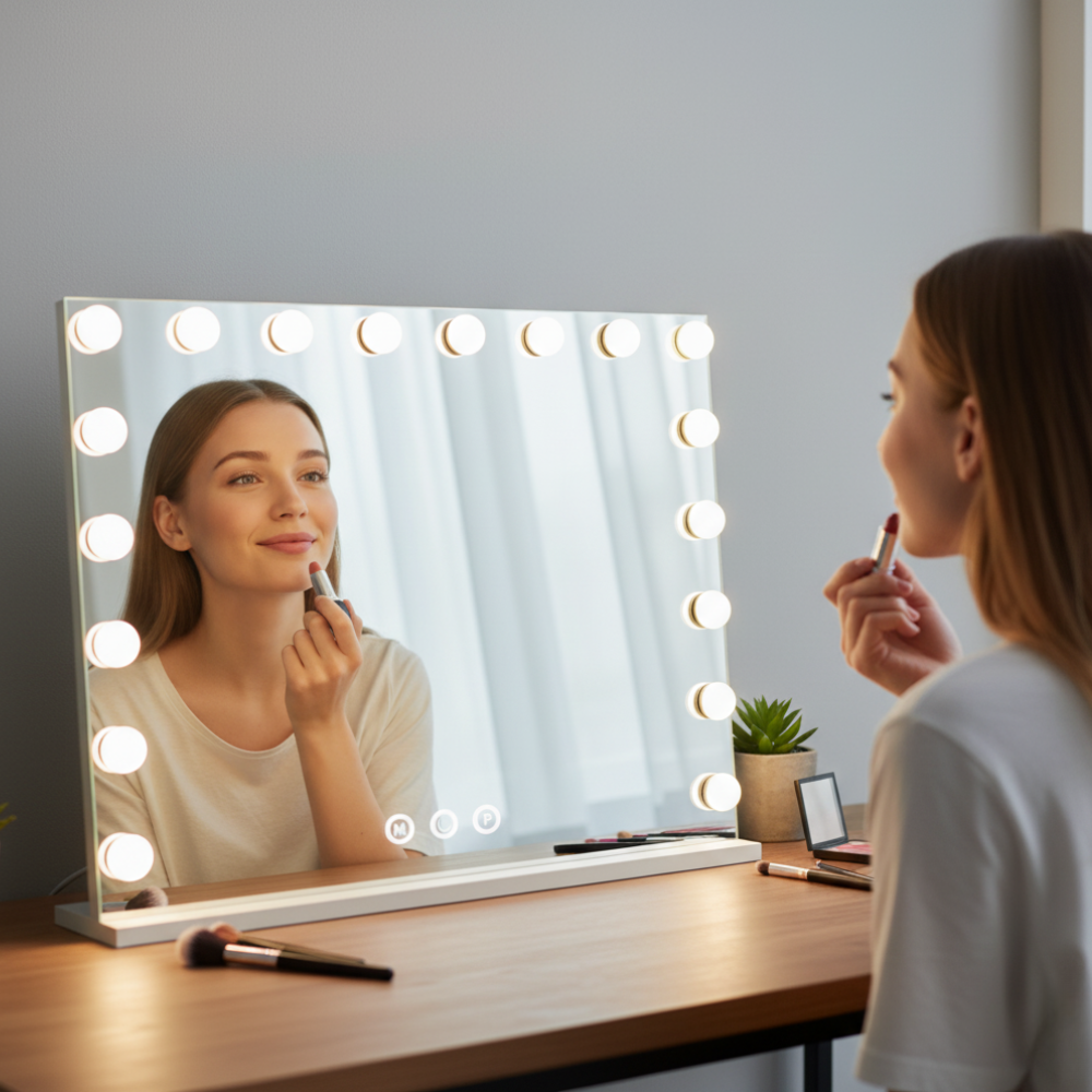 Een vrouw brengt lippenstift aan voor een verlichte kaptafelspiegel.