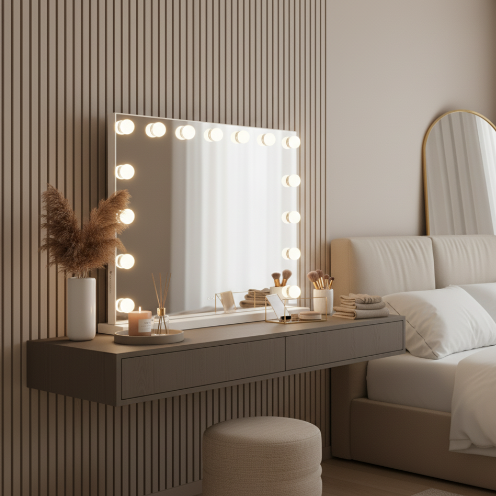 Kaptafel met verlichte spiegel, make-up en decoratie naast een bed.