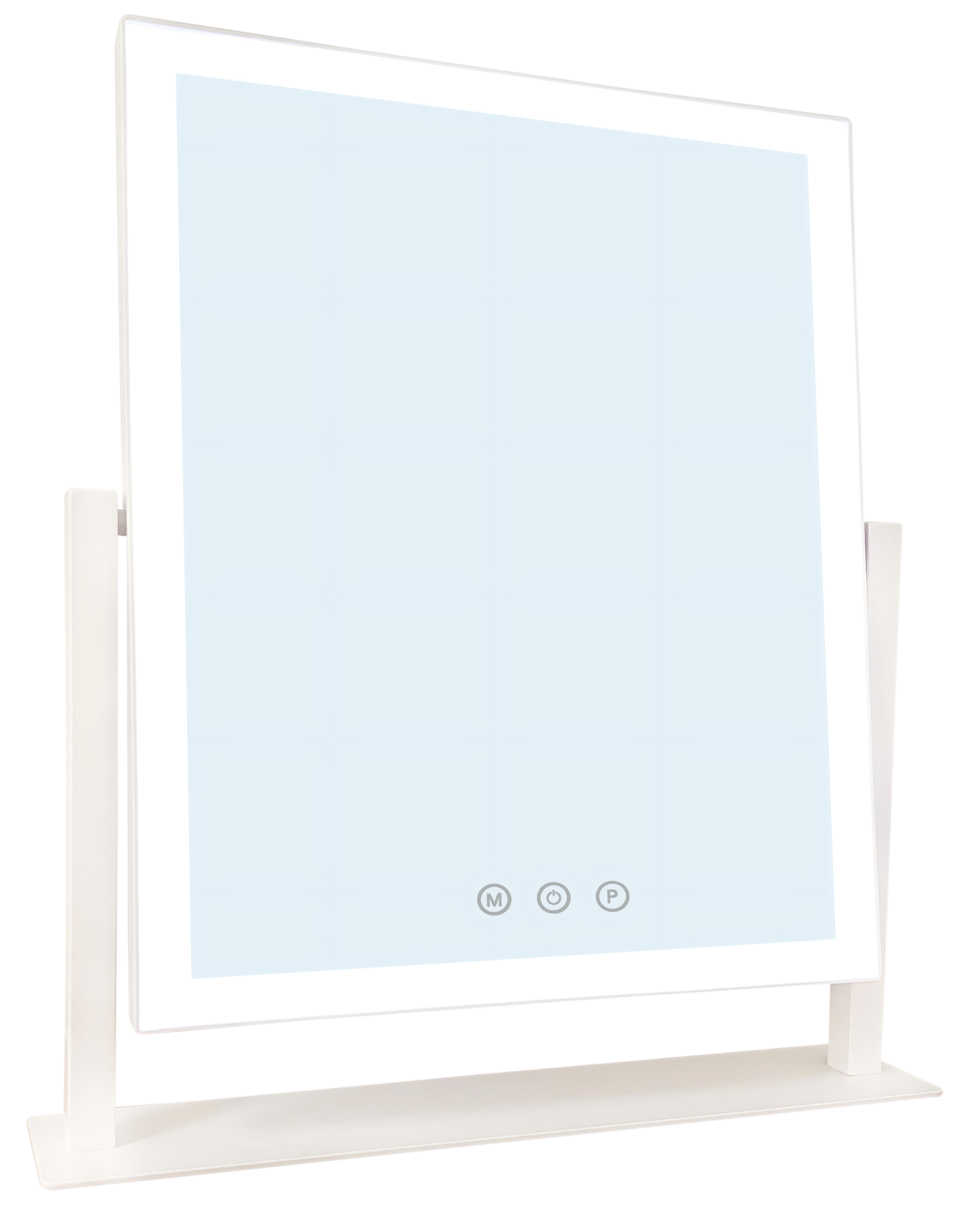A white lighted makeup mirror with three control buttons on its base.