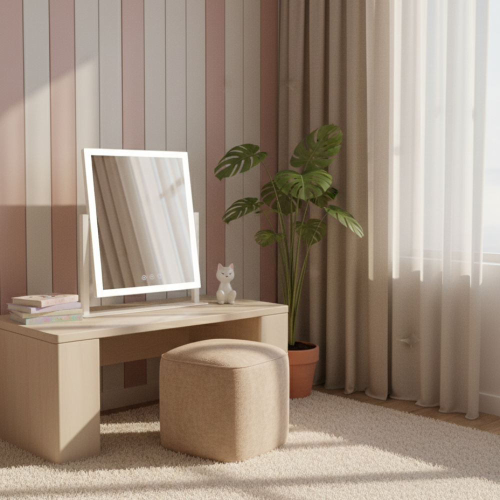 A bright vanity with a mirror, stool, books, and a plant.