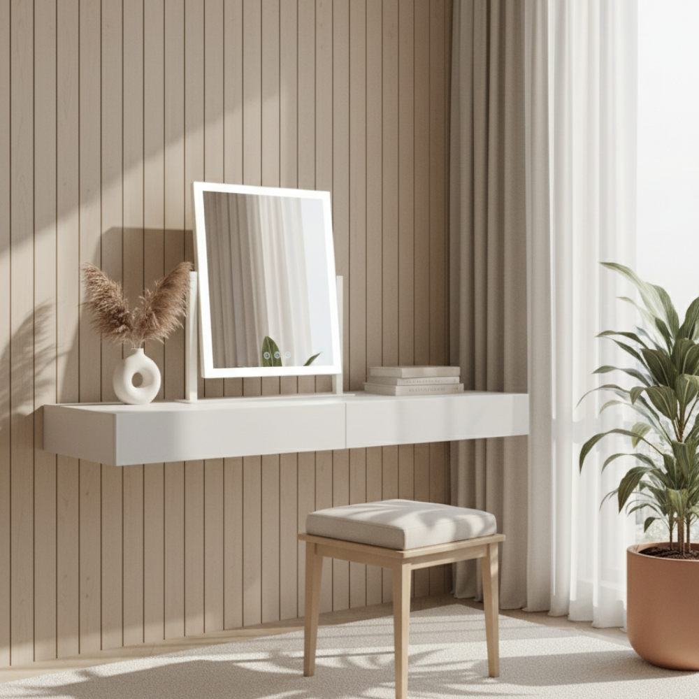 A white vanity with a lighted mirror, vase, and stool.