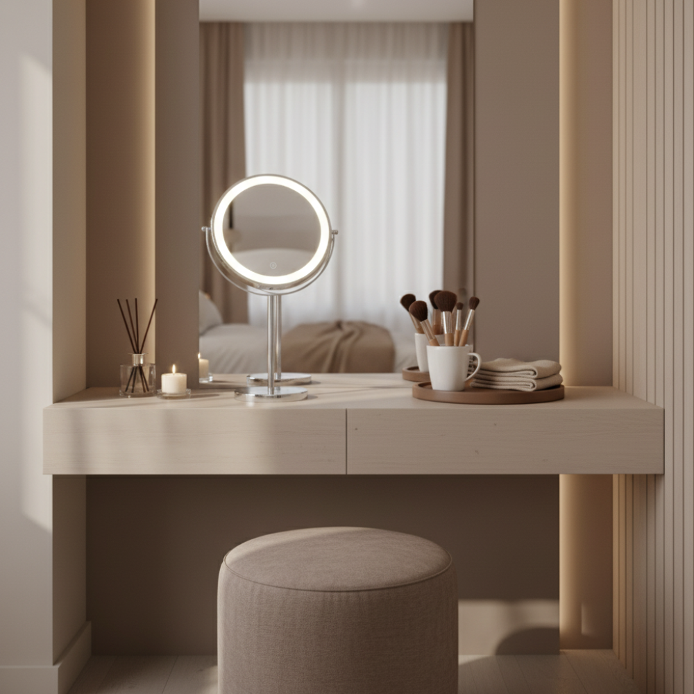 A vanity table with a lighted mirror, brushes, candle, and diffuser.