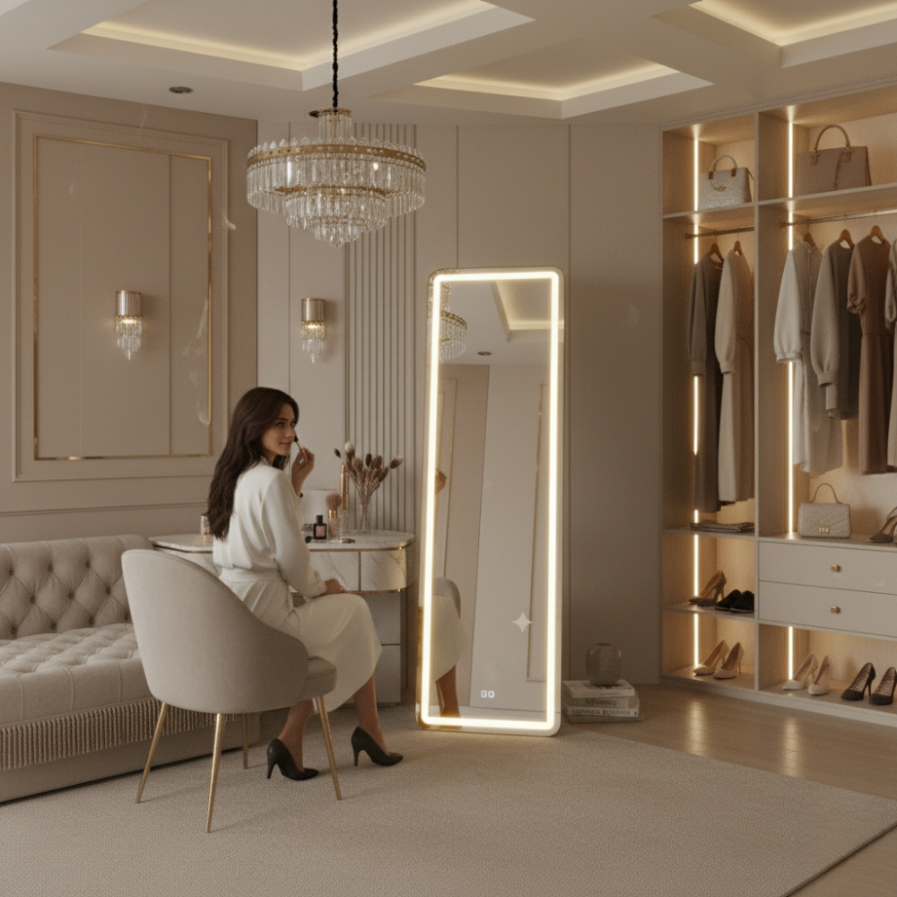 A woman applies makeup in front of a lighted mirror in a stylish dressing room.