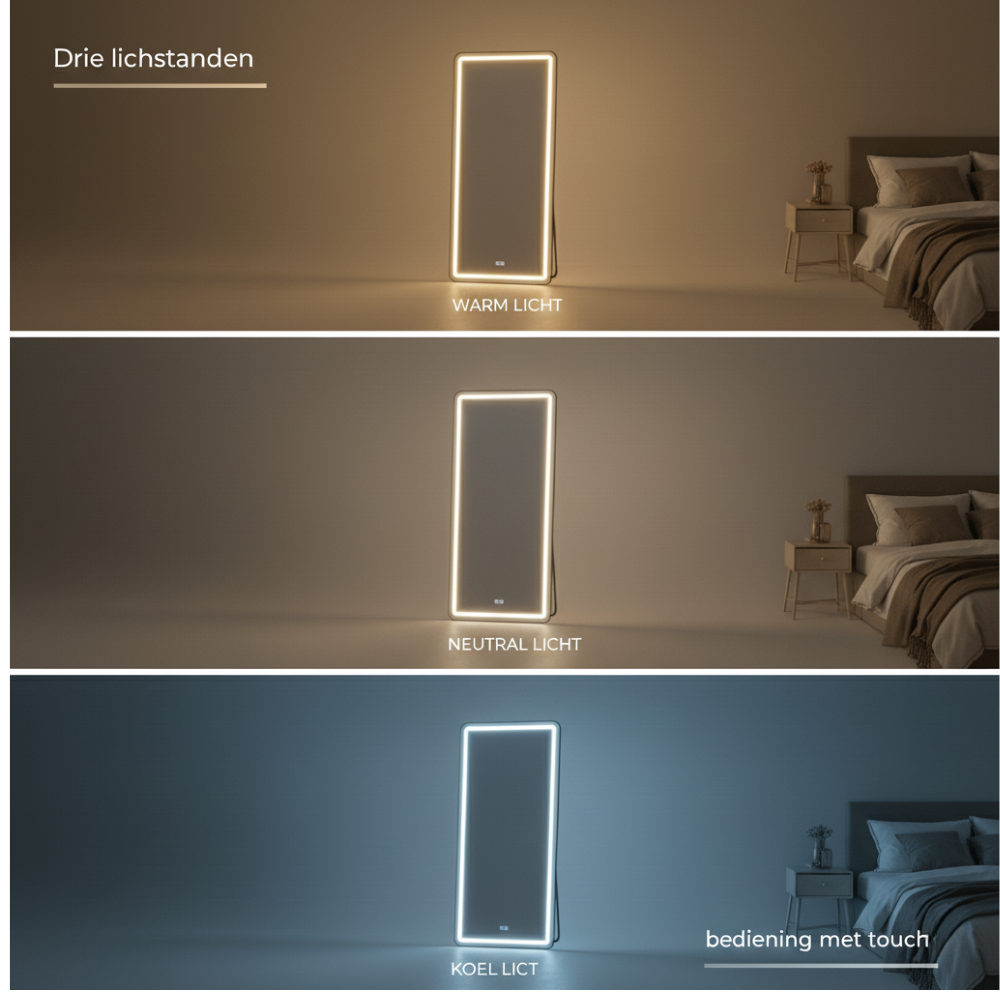 A mirror with three light modes: warm, neutral, and cool. A bed is in the background.