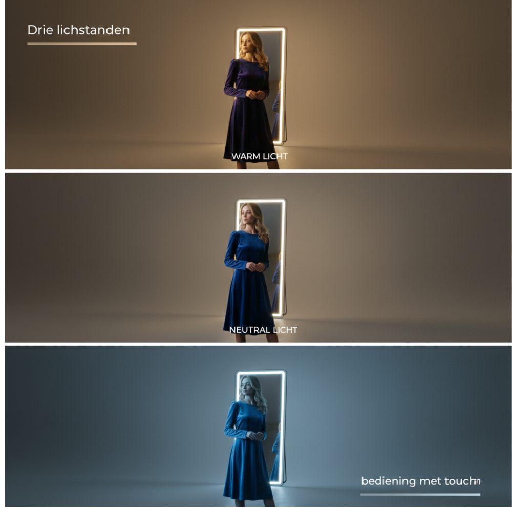Woman in blue dress in front of illuminated mirror with three different light settings.