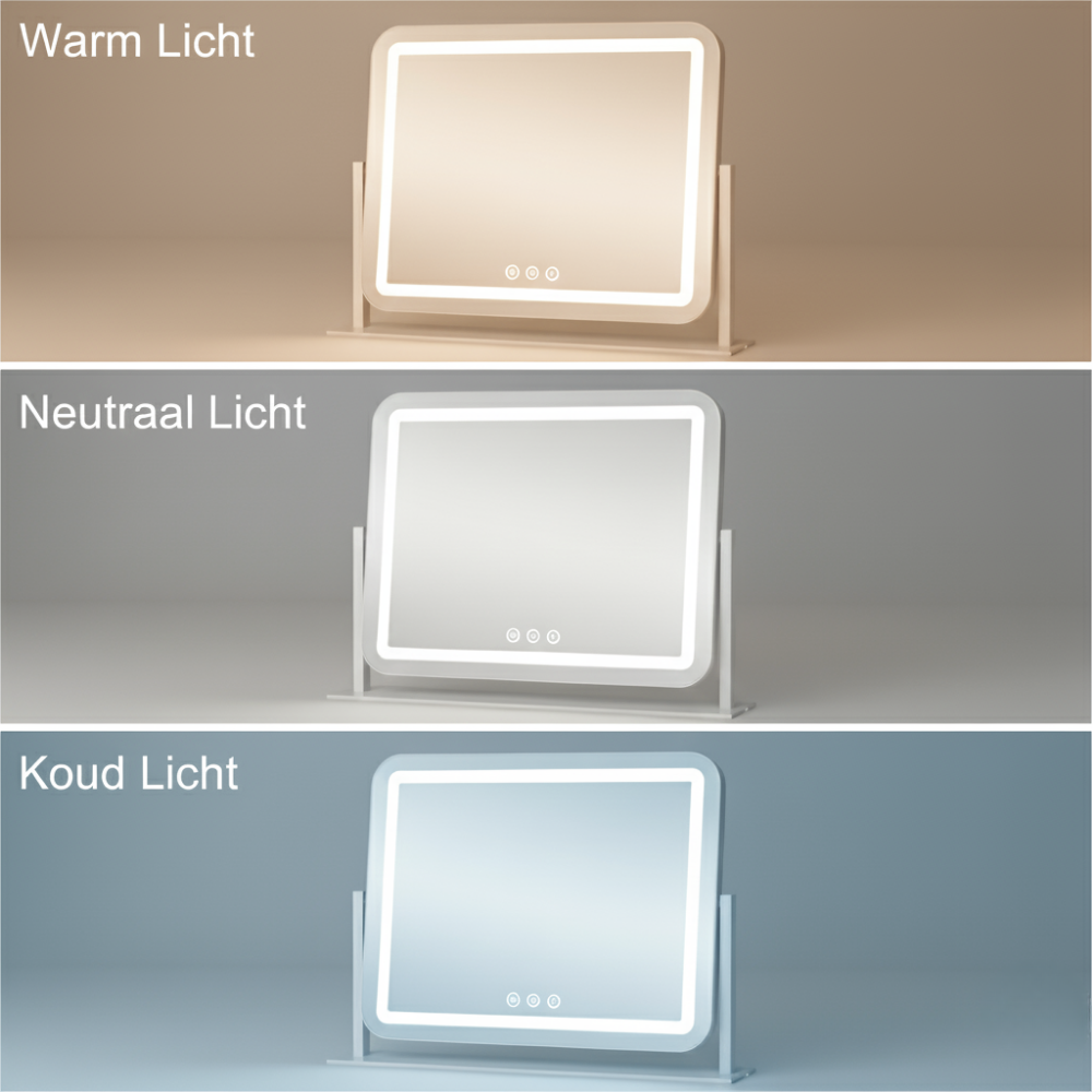 A lighted makeup mirror showing warm, neutral, and cool light options.
