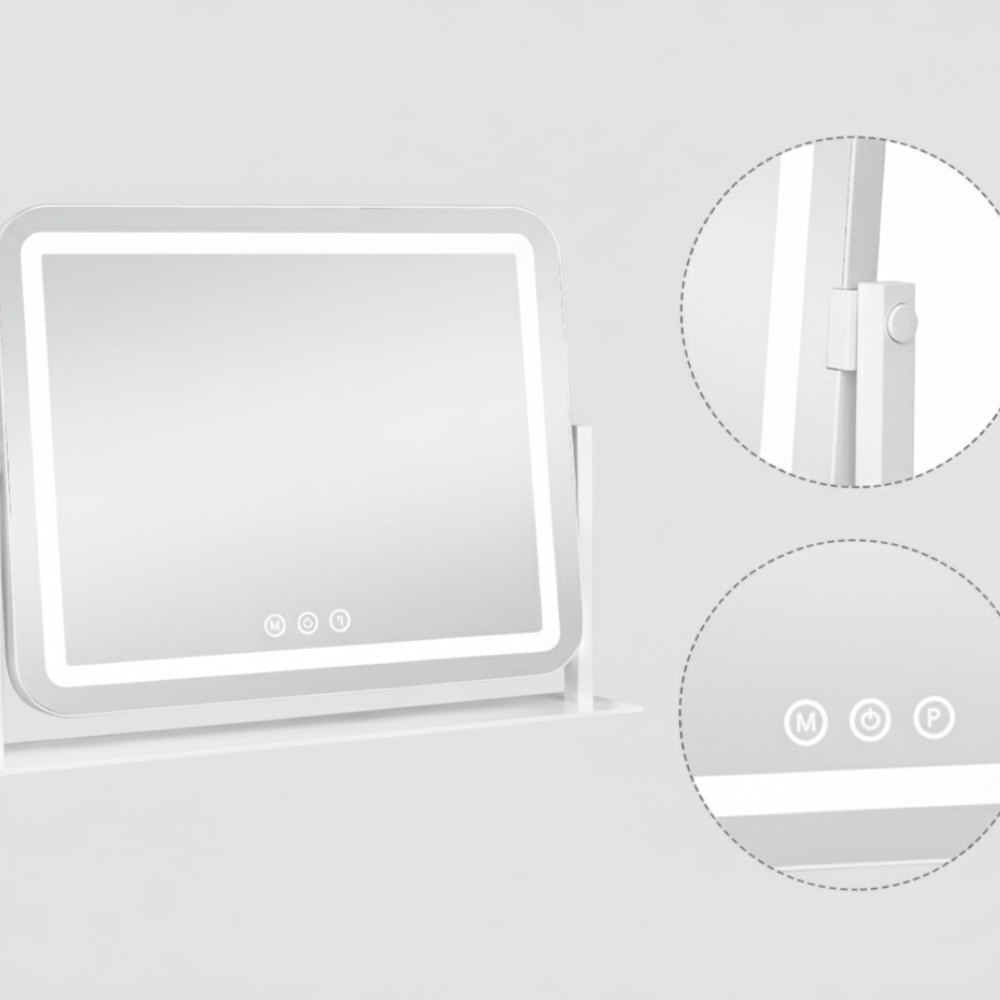 A rectangular makeup mirror with LED lights and touch buttons.