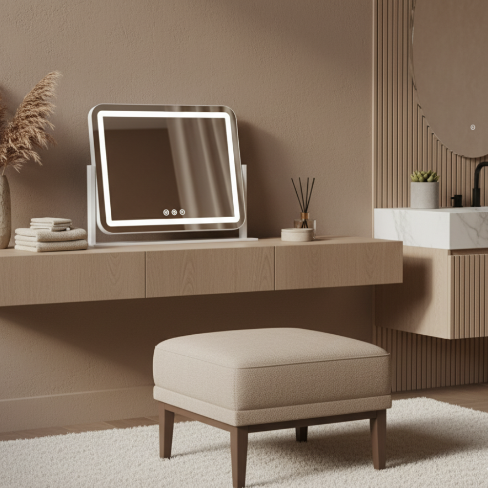 A lighted makeup mirror on a wooden vanity with a stool in front.