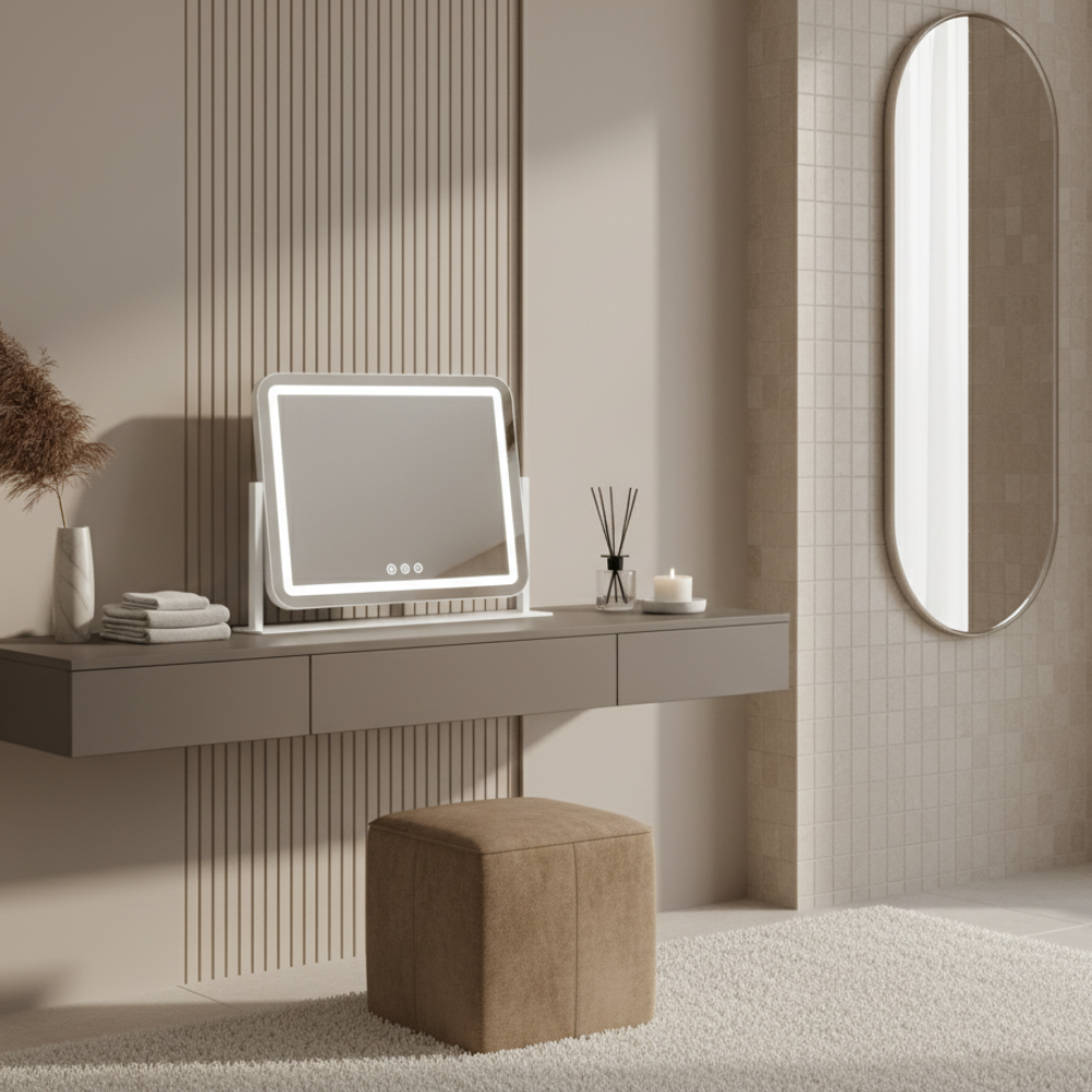 Vanity table with mirror, stool, and vase in a modern bedroom setting.