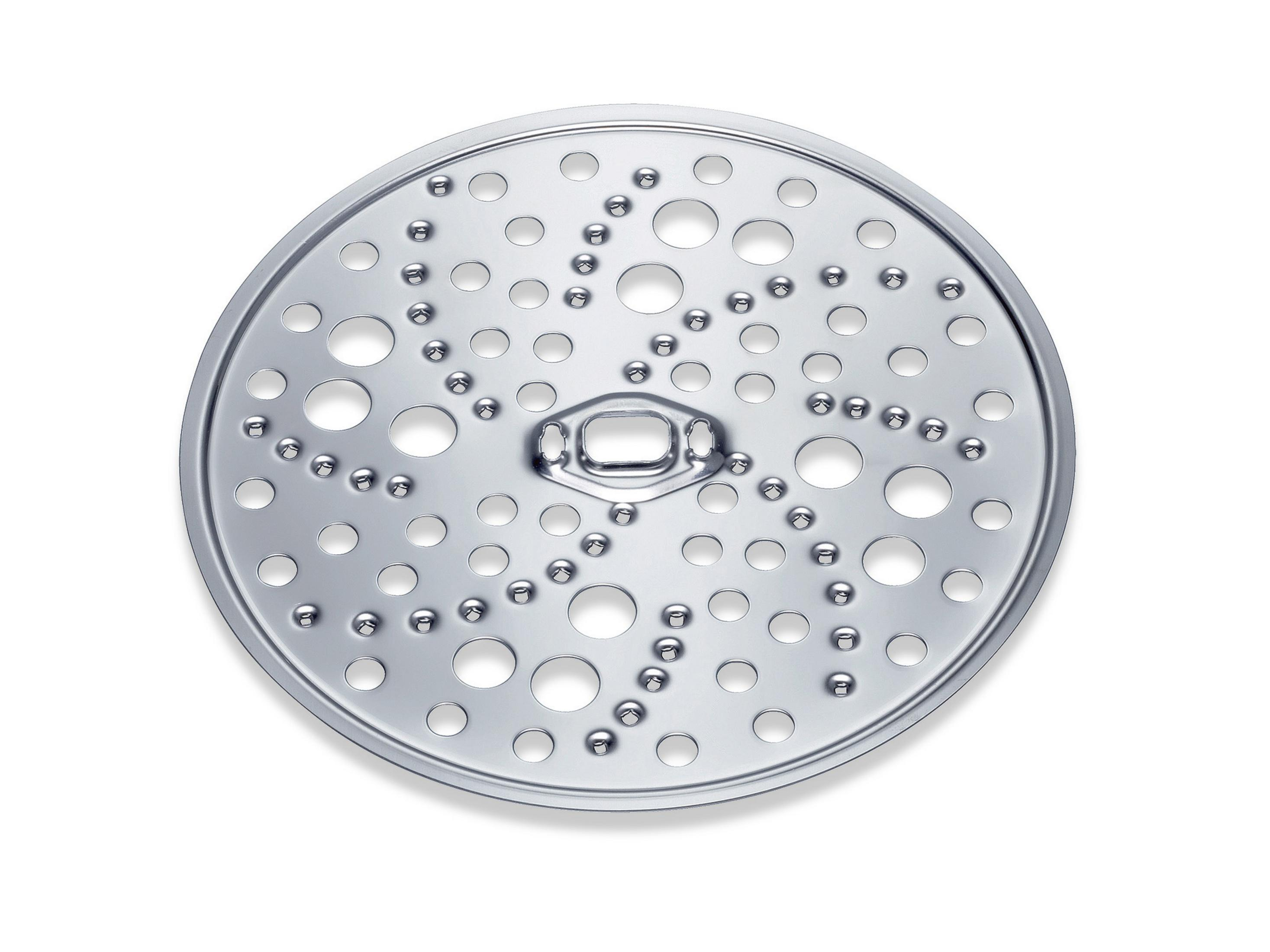 Okrągła metalowa tarcza z wieloma otworami o różnych rozmiarach i małymi wypukłościami.