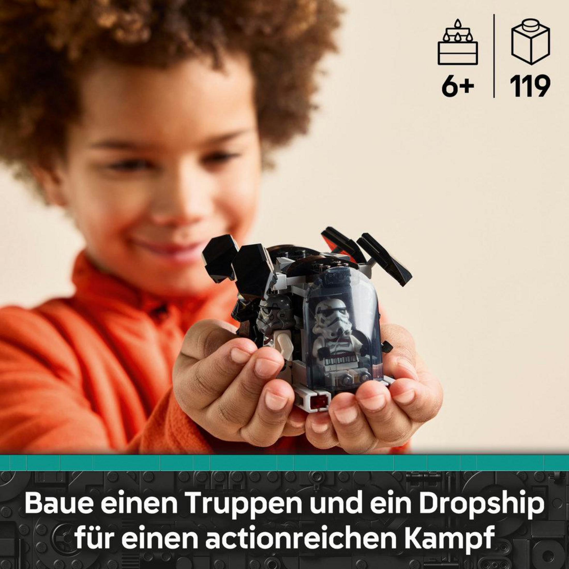Bir çocuk, fırtına askerleriyle bir Lego dropship tutuyor. Yaş 6+, 119 parça.