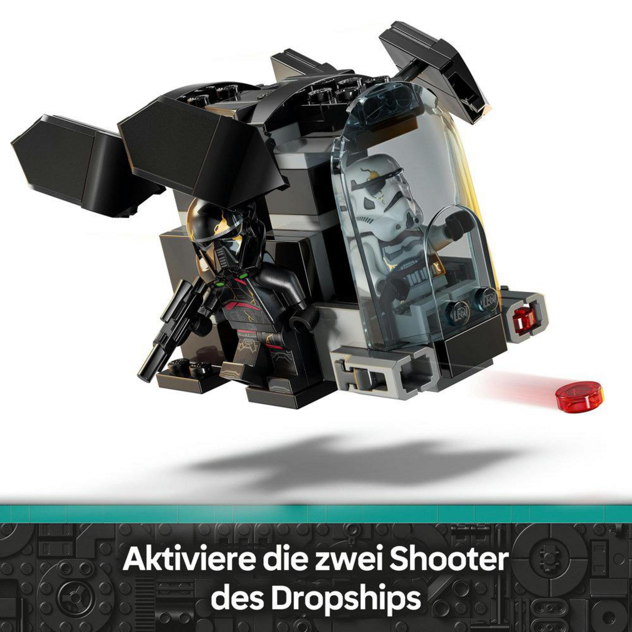 Bir pilot ve bir asker olmak üzere iki figürlü siyah Lego dropship.