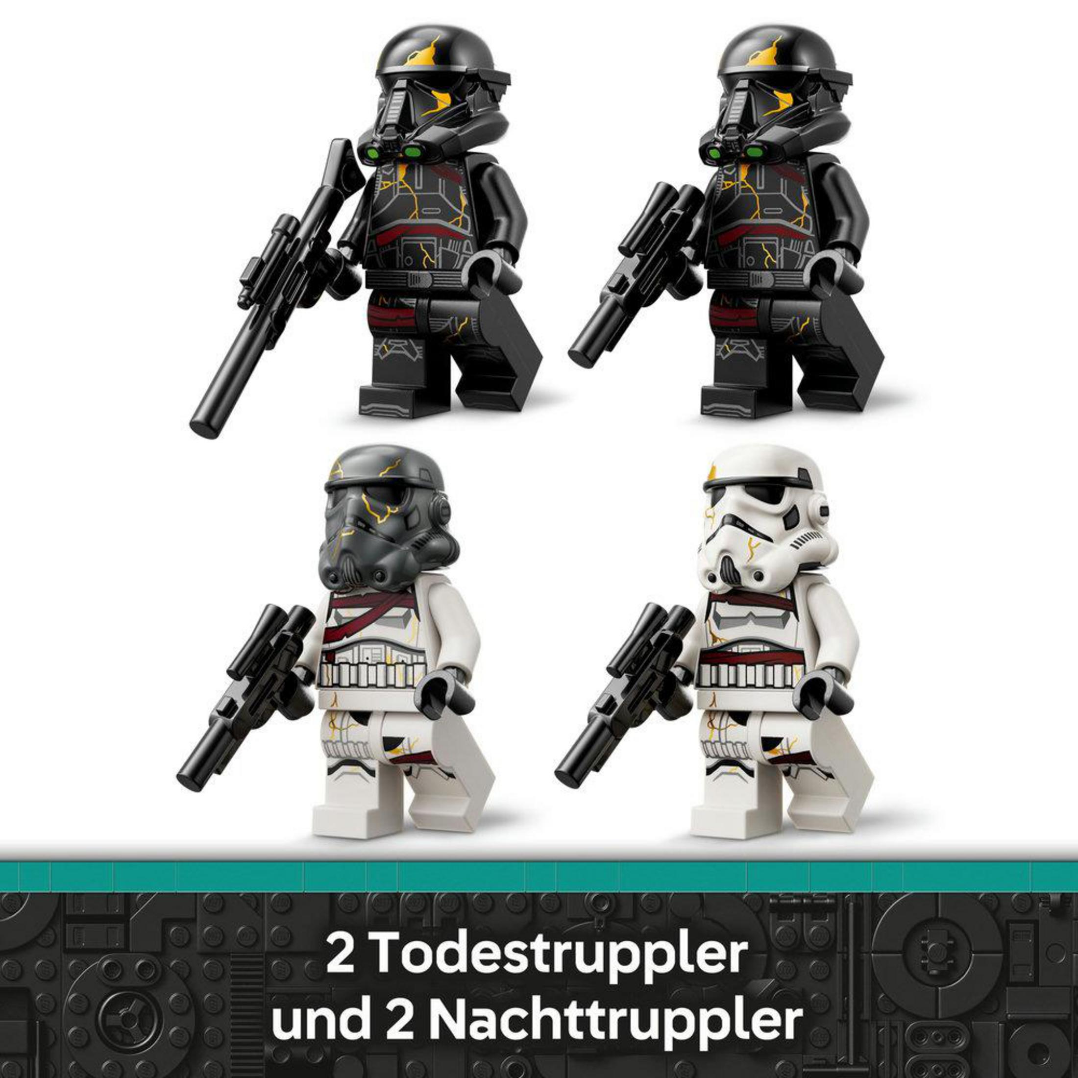 Dört Lego fırtına eri, ikisi siyah, ikisi beyaz, ellerinde silahlar.