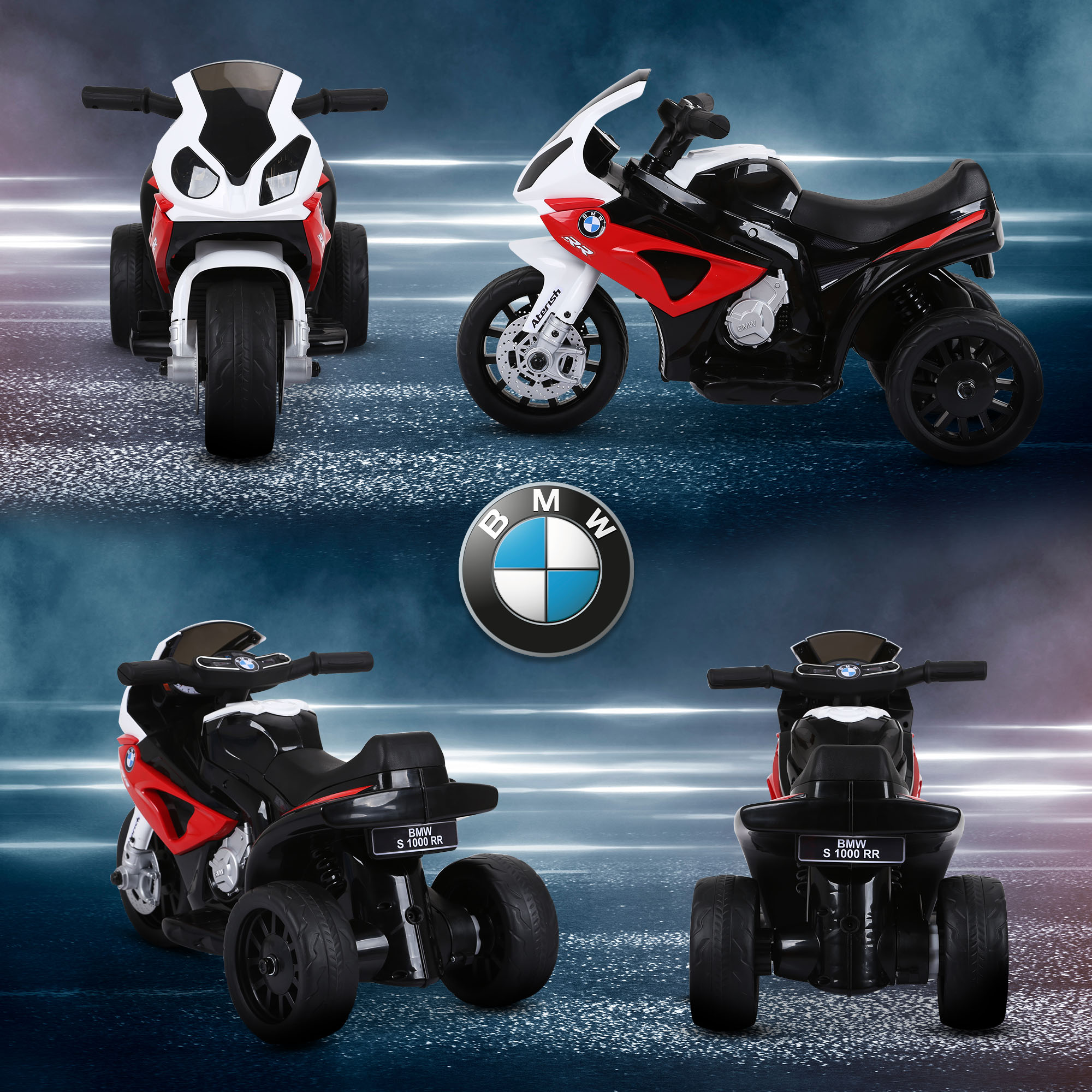 Una motocicleta BMW de tres ruedas para niños, roja, blanca y negra.