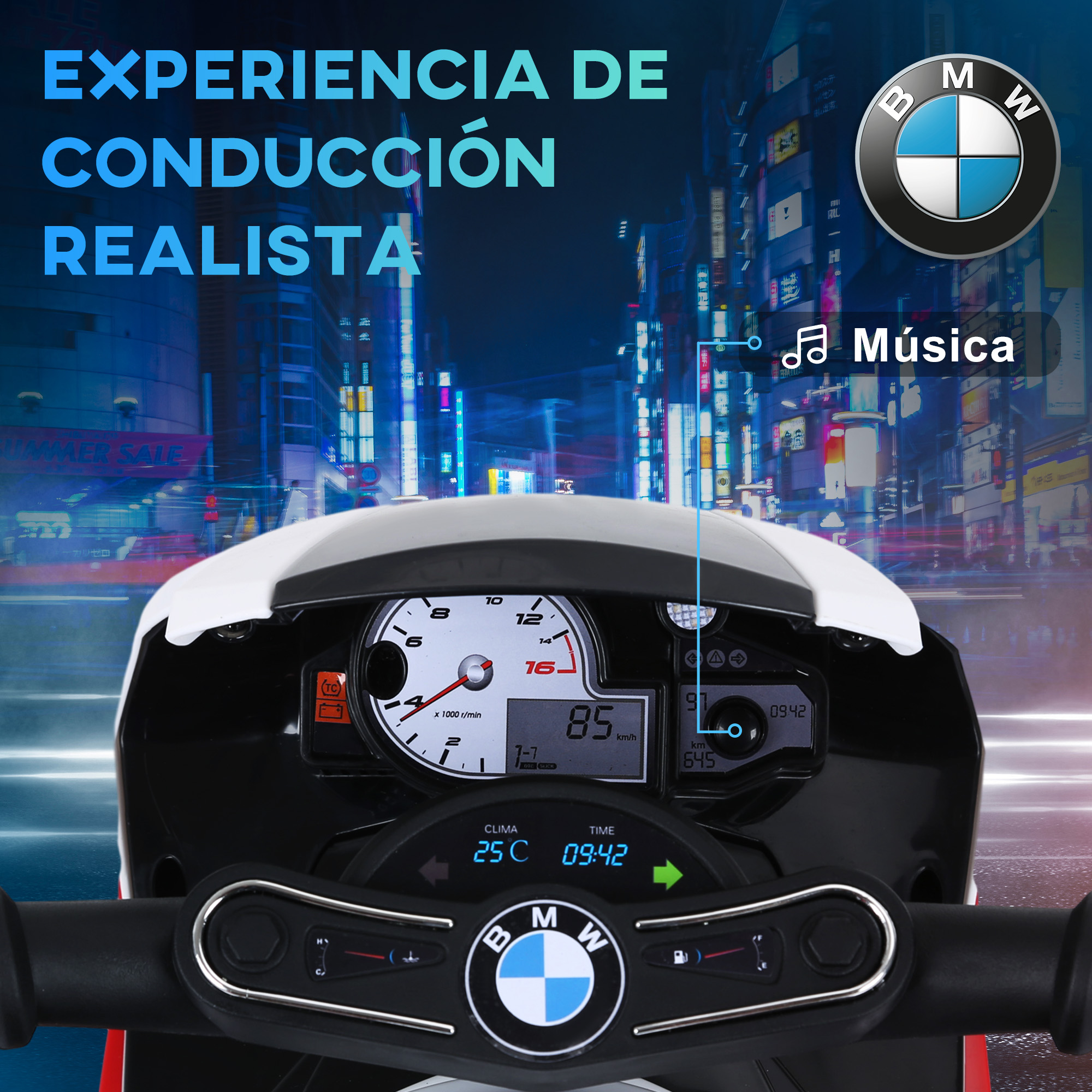 Panel de motocicleta con logo BMW, ciudad de noche al fondo.