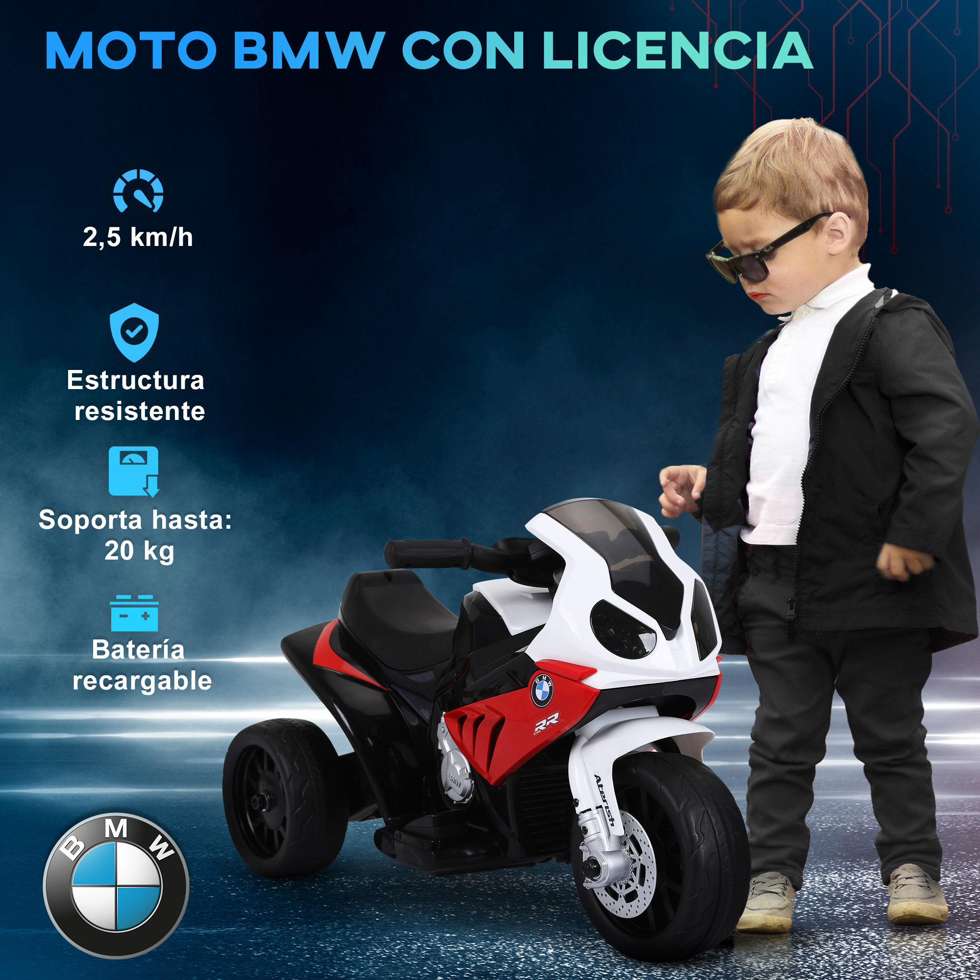 Un niño está junto a una motocicleta infantil BMW blanca y roja. Hay superposiciones de texto.