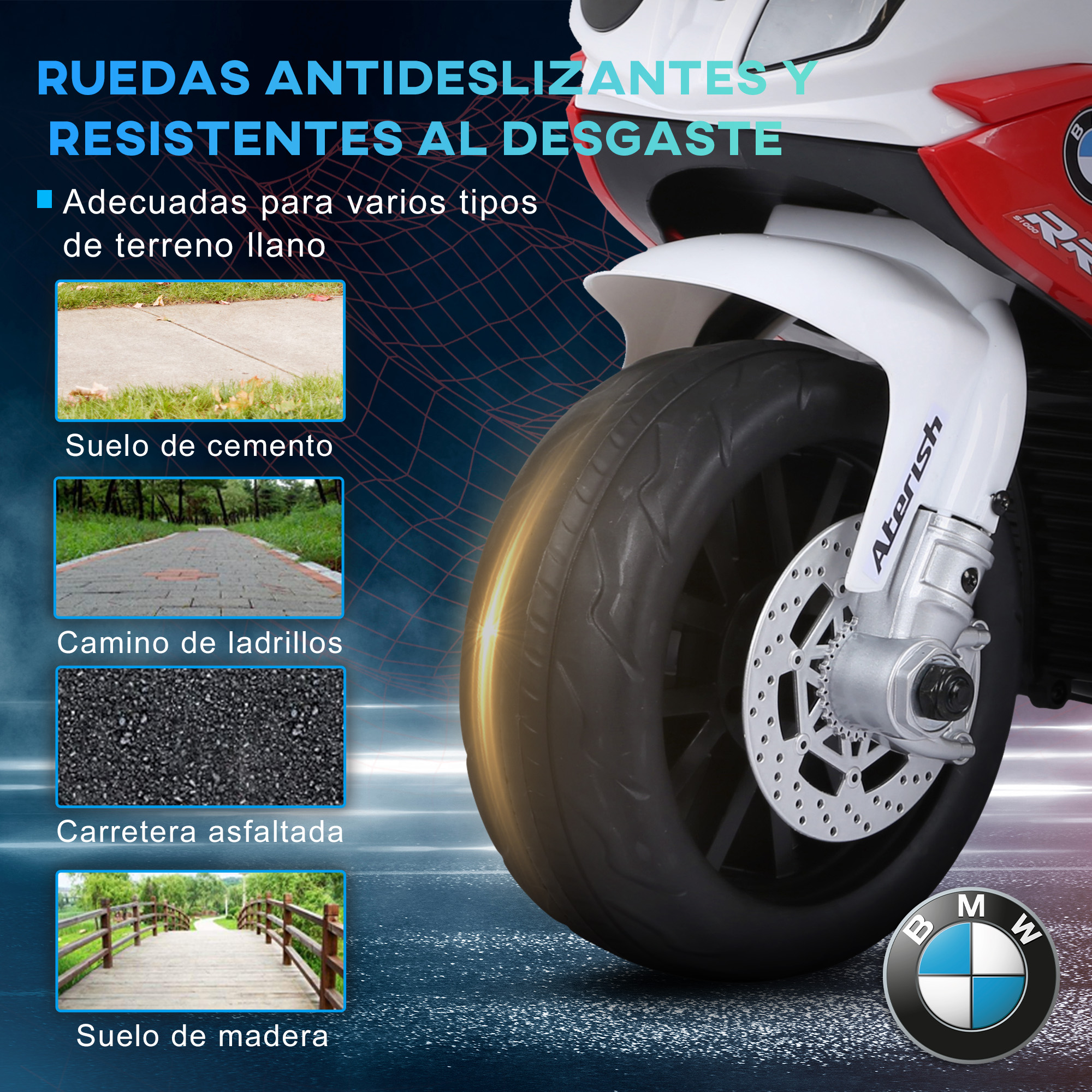 Primer plano de neumático de moto con logo BMW y varios tipos de suelo.