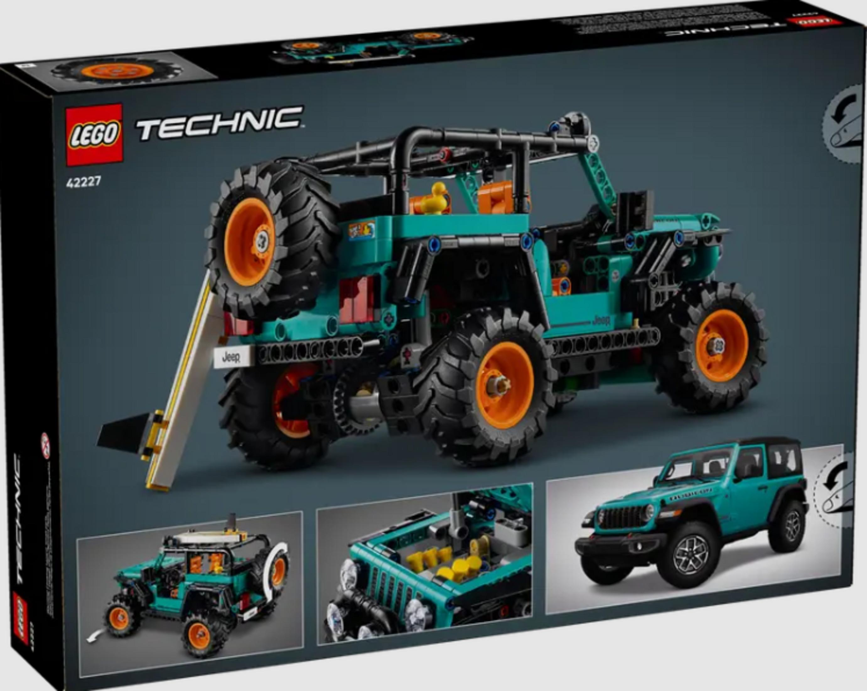 Morska zieleń Lego Technic Jeep z pomarańczowymi felgami i czarnymi detalami.