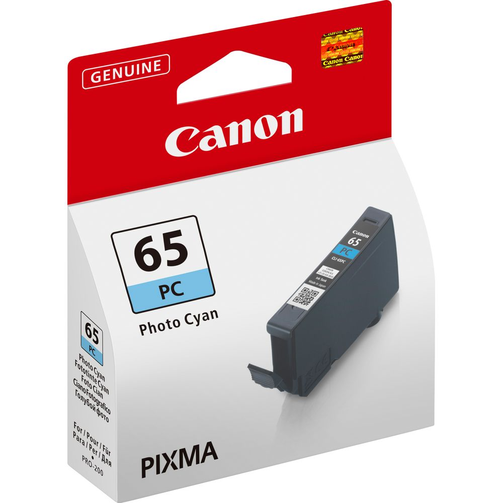 Tusz Canon Photo Cyan 65 PC z opakowaniem i nadrukiem.