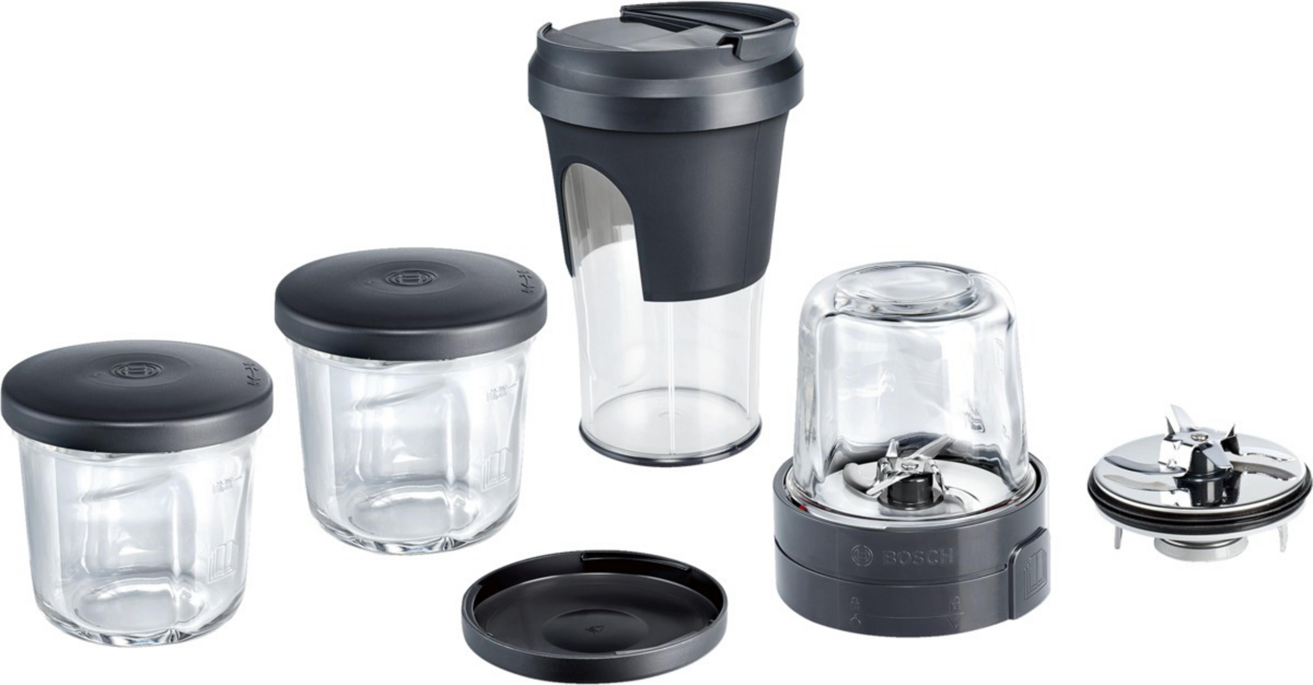 Accesorios batidora Bosch: 2 tarros, 1 vaso, 1 unidad de cuchilla, 1 tapa.