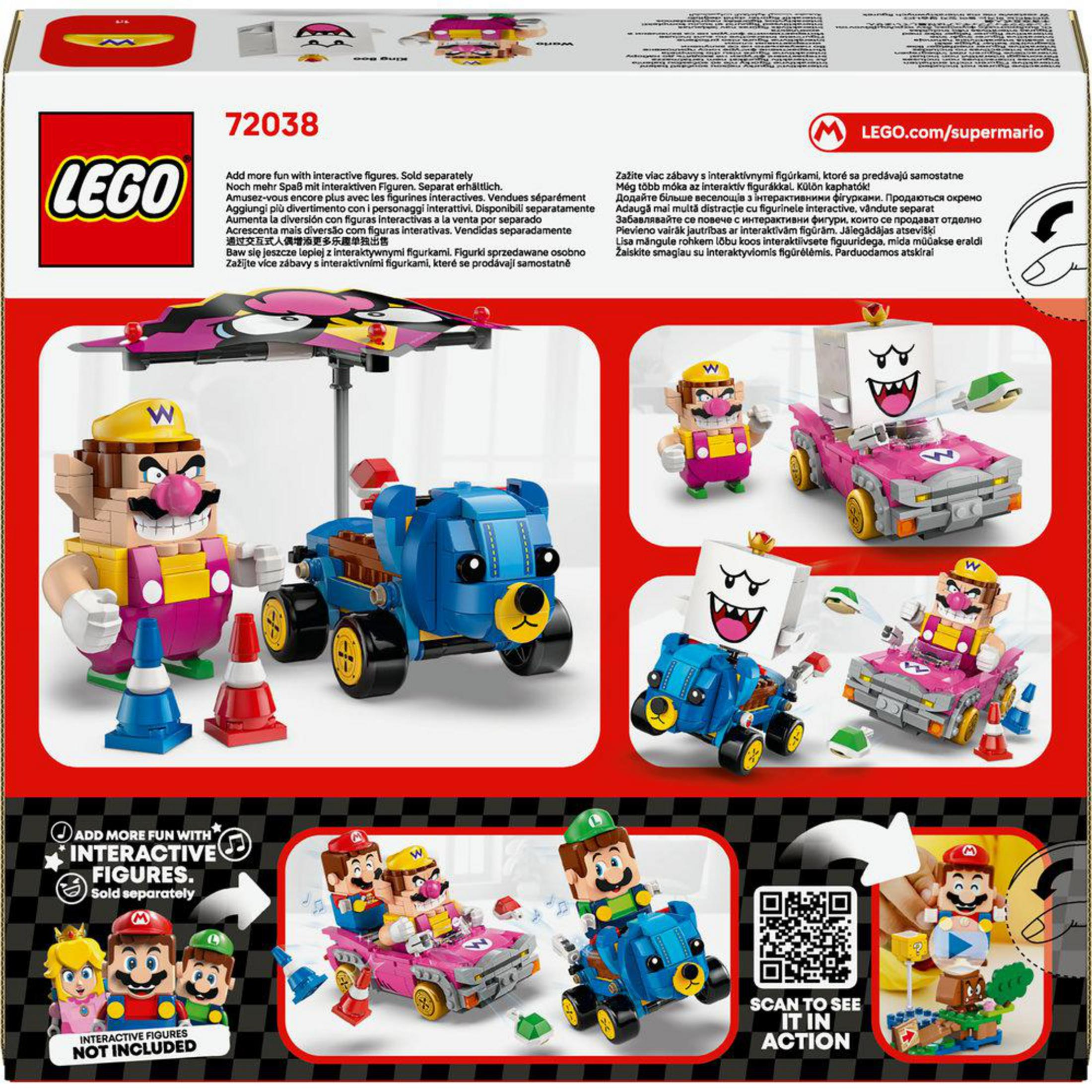 Pudełko LEGO z zestawami Super Mario, Wario i niebieskim pojazdem-niedźwiedziem.