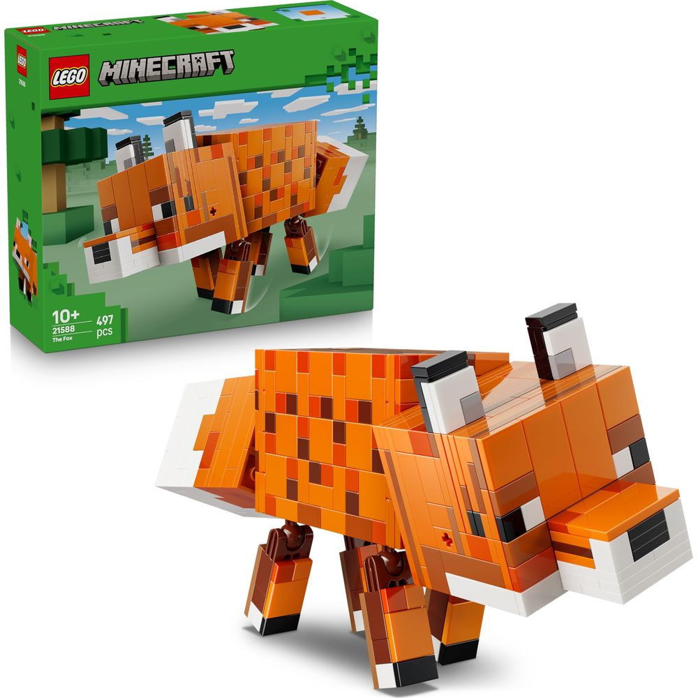 Model lisa Lego Minecraft i pudełko. Pomarańczowy lis z brązowymi plamami, biały ogon.