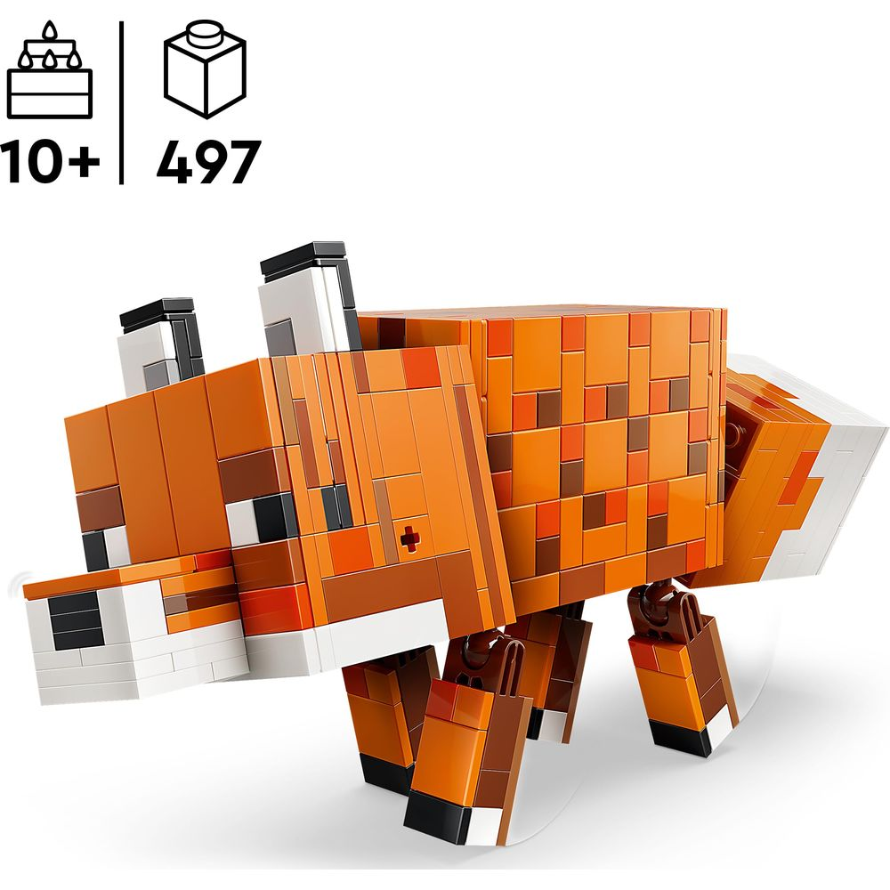 Lis z klocków Lego w kolorach pomarańczowym, brązowym i białym. 10+, 497 elementów.