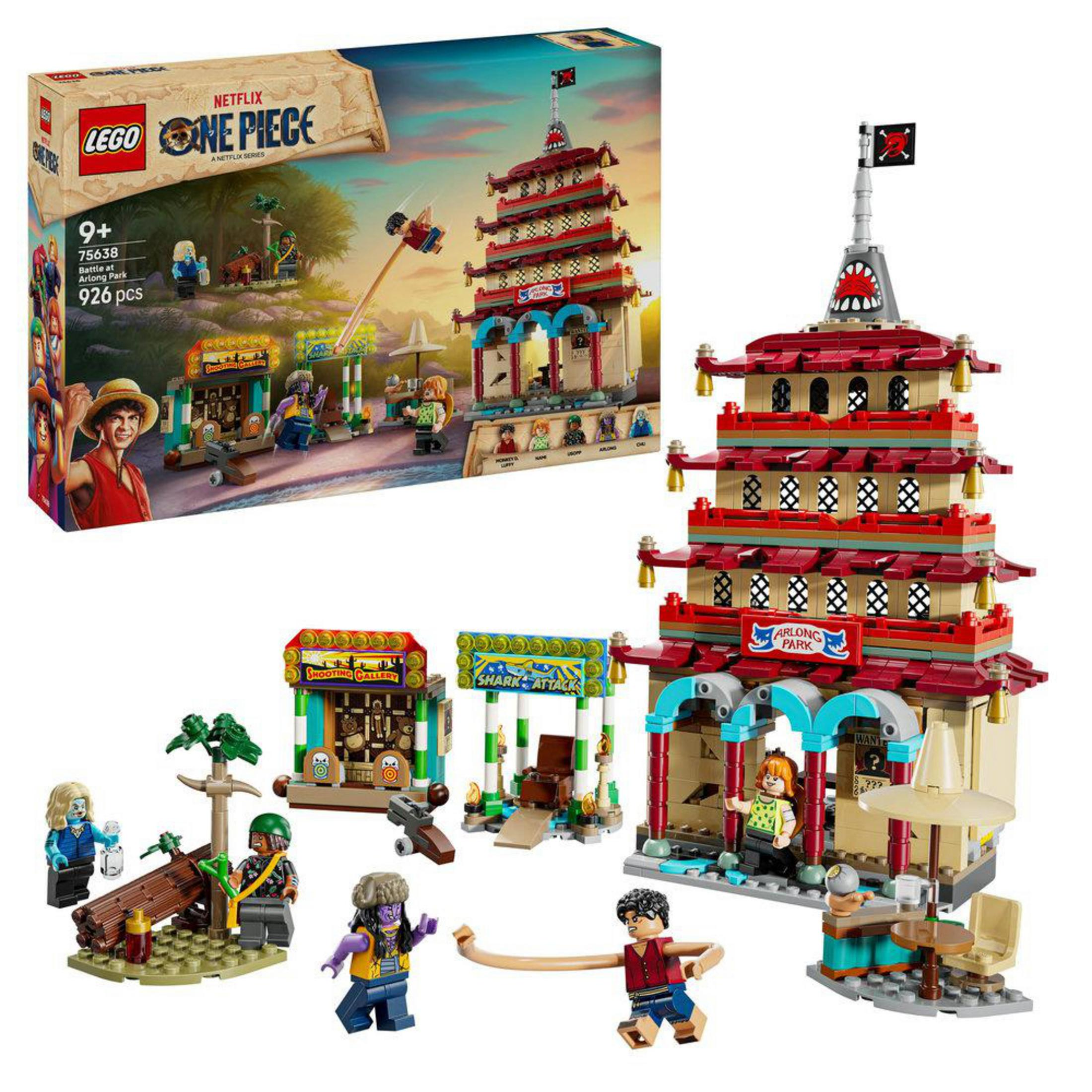 Zestaw Lego "Bitwa w Arlong Park" z figurkami i budynkiem pagody.