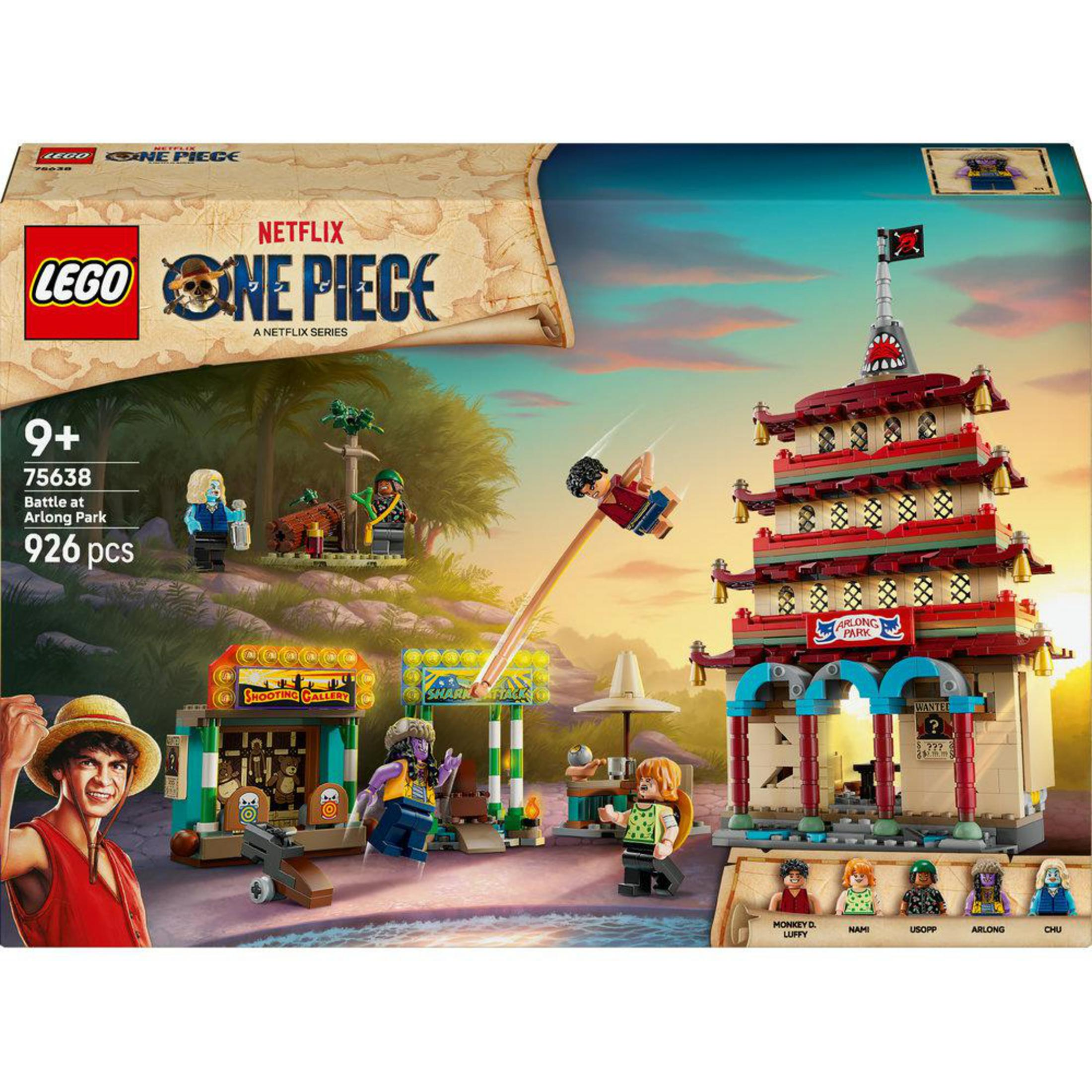 Zestaw LEGO One Piece Arlong Park z figurkami, budynkami i akcesoriami.