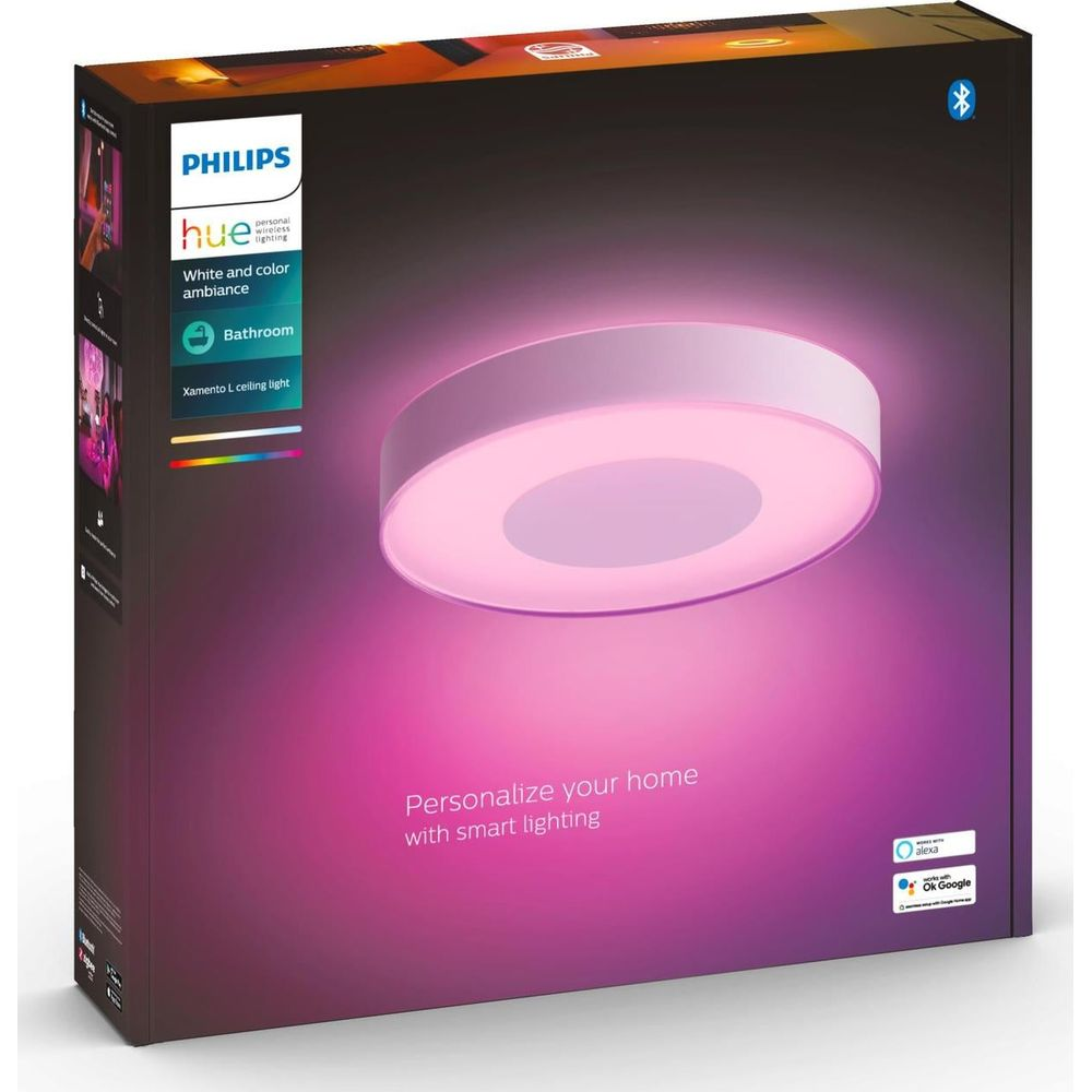 Lampa sufitowa Philips Hue Xamento L biała z różowym oświetleniem.
