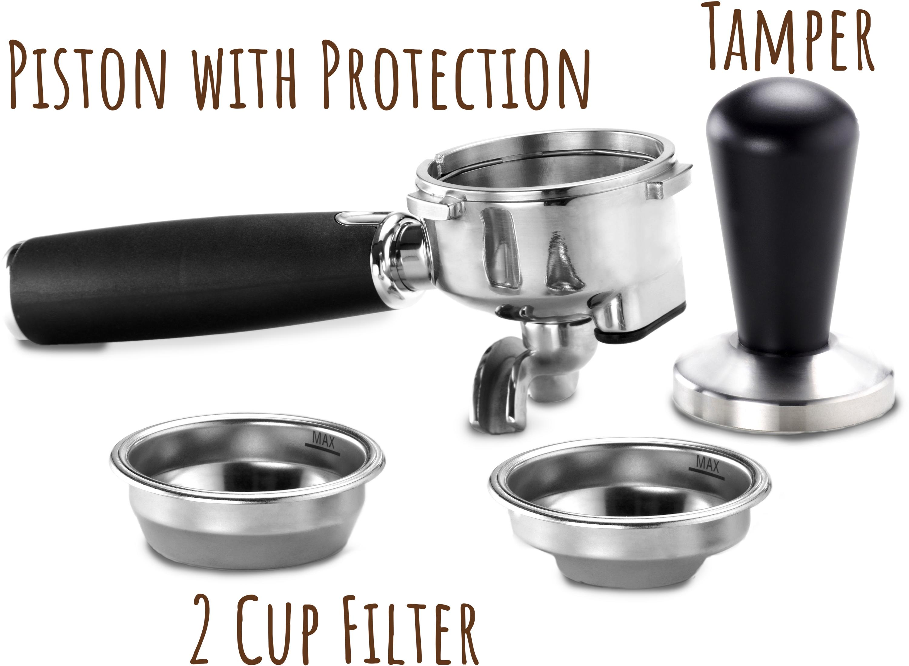 Espressomaschinen-Siebträger, Tamper und zwei 2-Tassen-Filterkörbe.