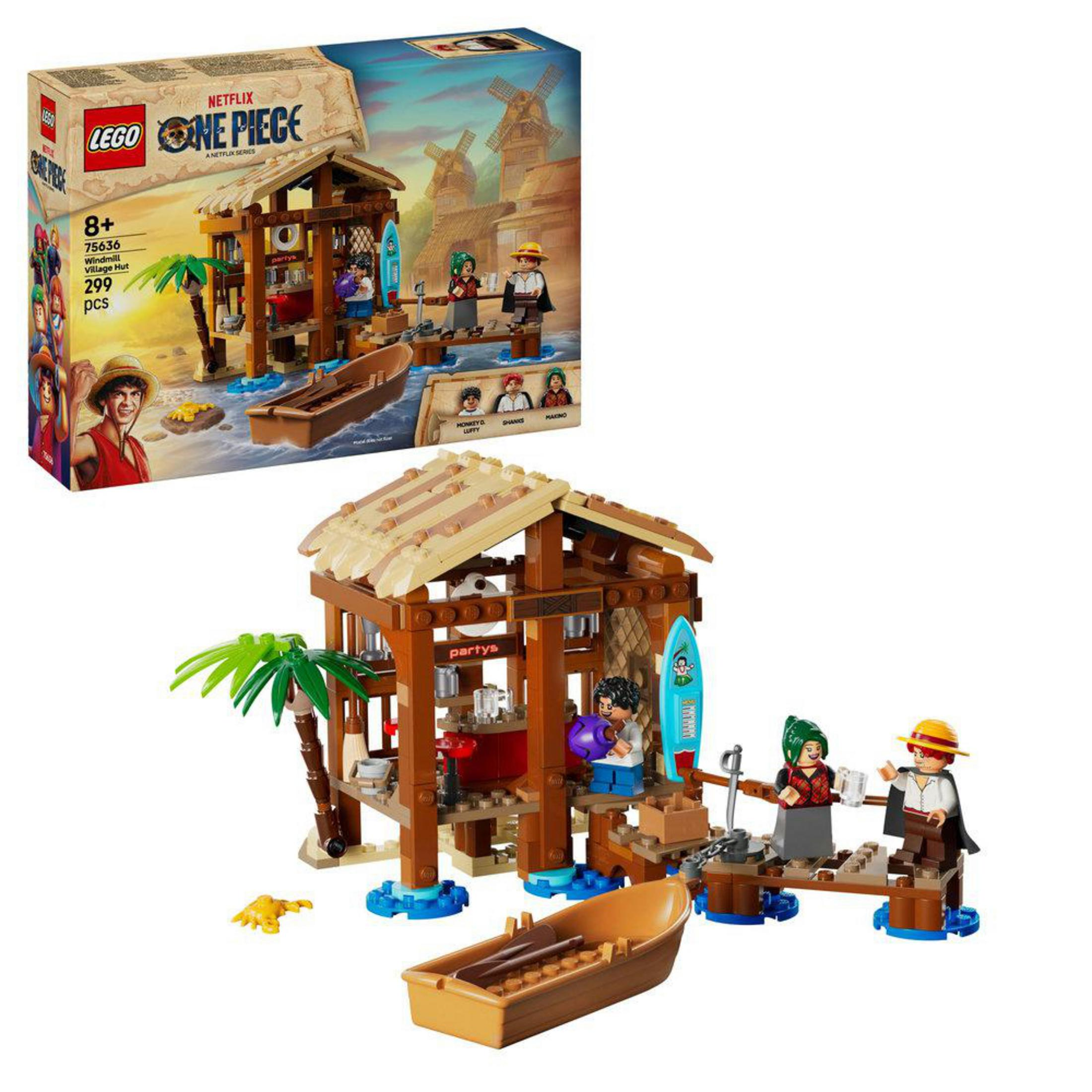 Lego seti: yel değirmenleri, figürler, tekne ve palmiye ağaçları.