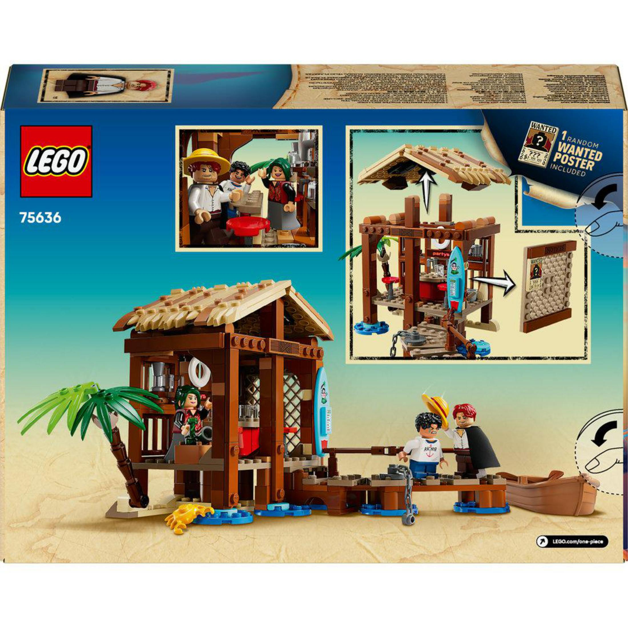 Lego seti: figürler, tekne, palmiye ağacı ve aranan posterli plaj kulübesi.