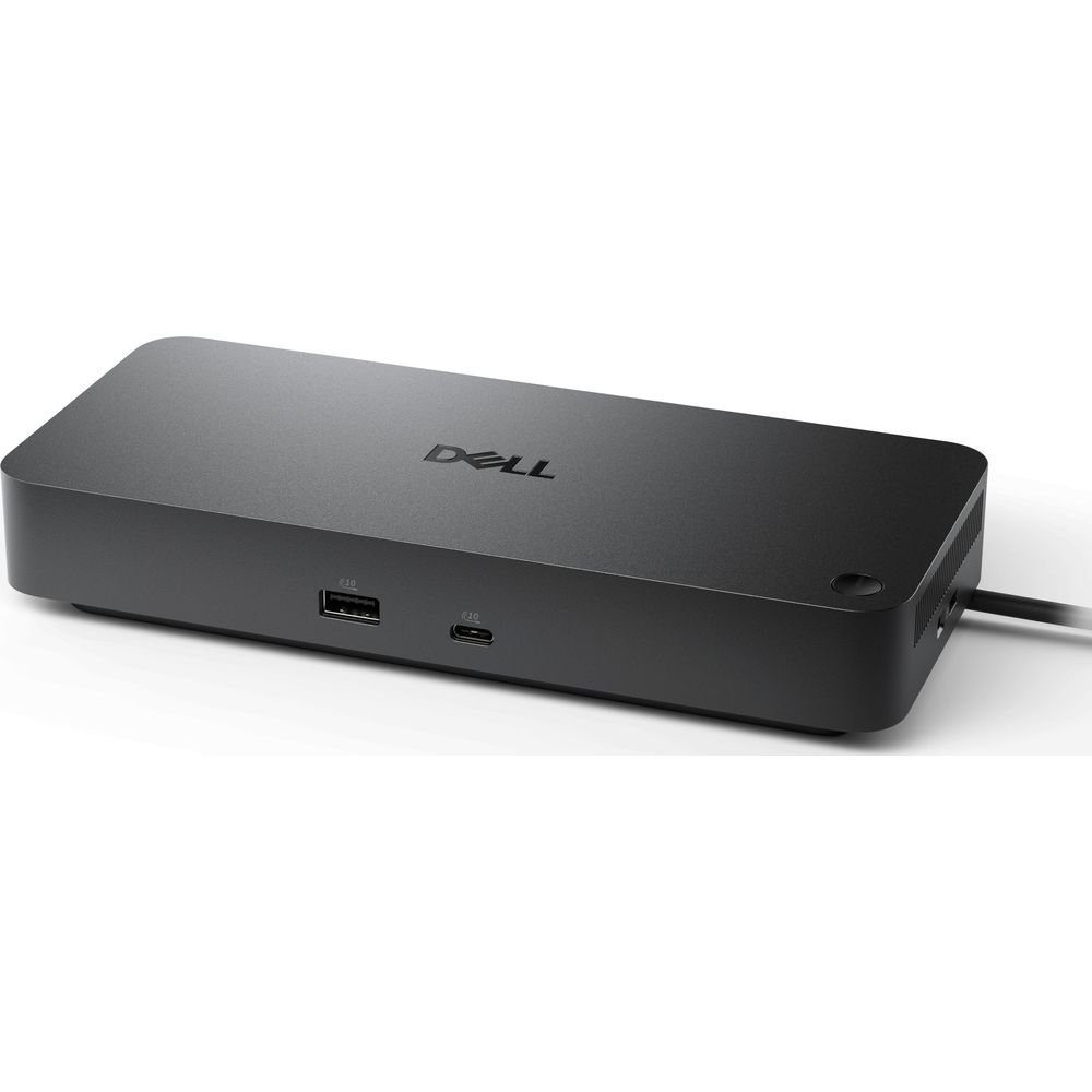 Black Dell docking station with USB-A and USB-C ports.