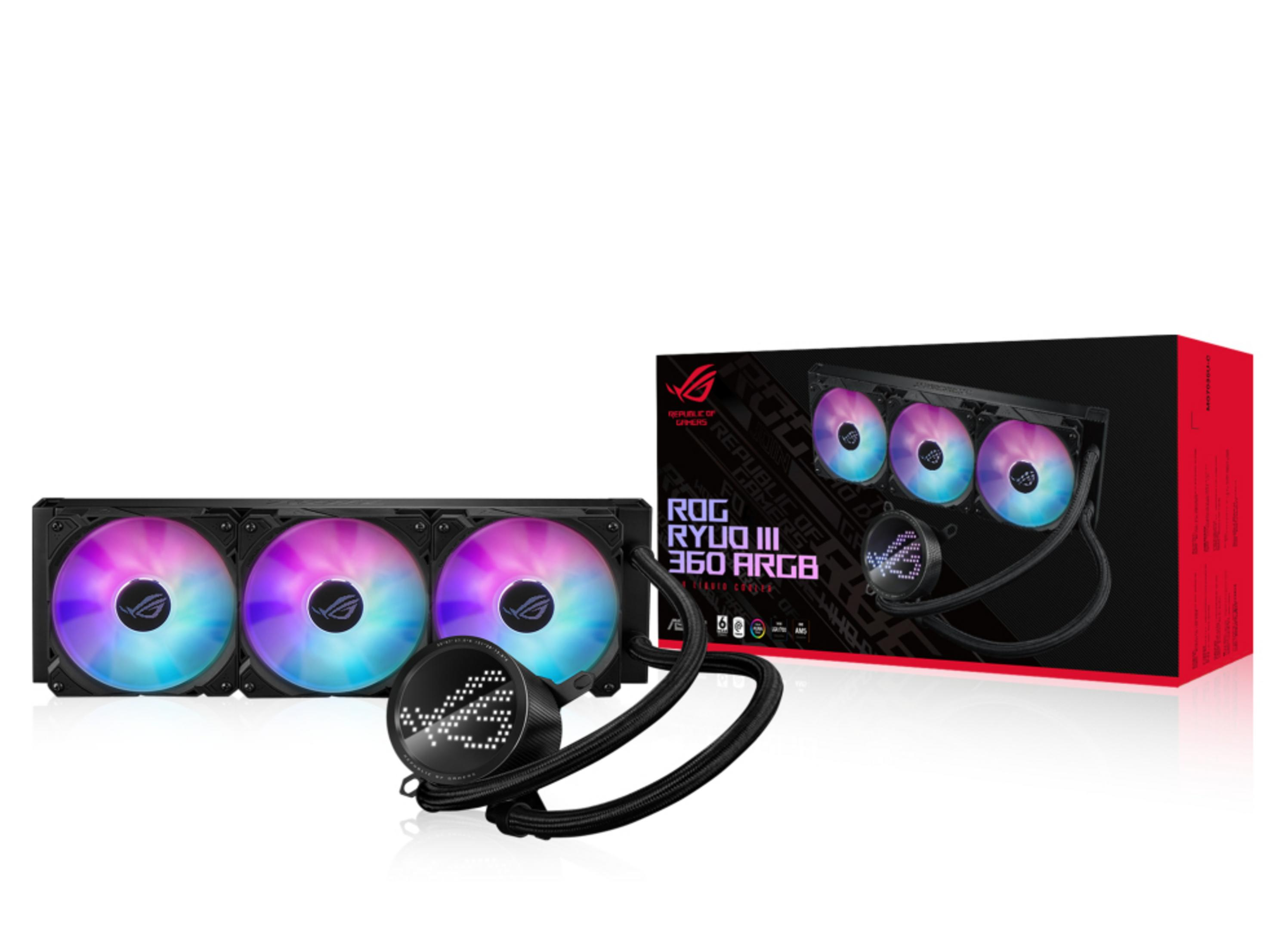 Ein CPU-Kühler mit drei Lüftern und RGB-Beleuchtung neben der Verpackung.