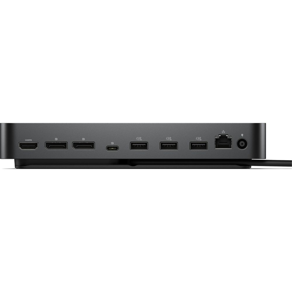 Hub de station d'accueil noir avec ports HDMI, USB-C, USB-A et câble réseau.