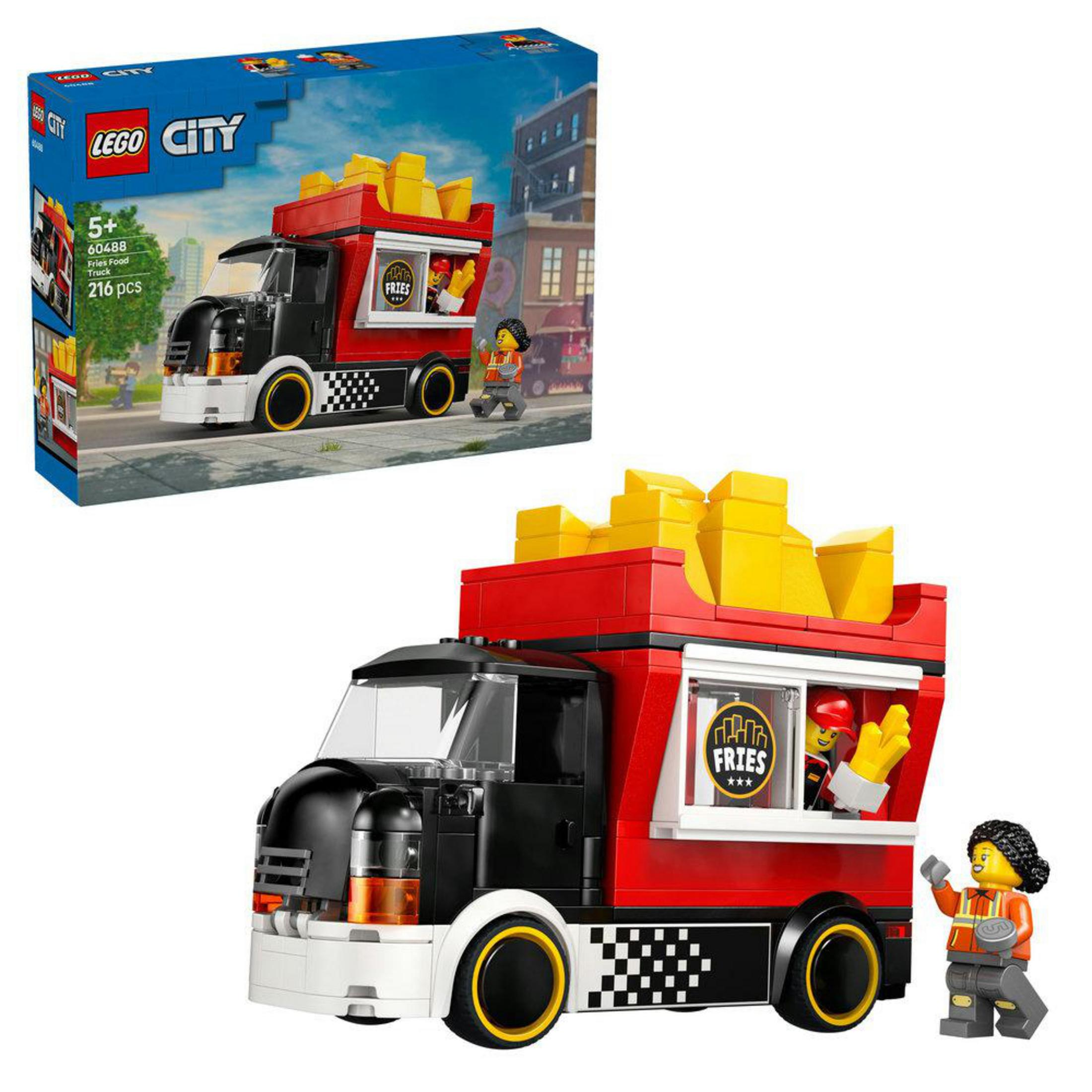 Lego food truck z frytkami, dwiema minifigurkami i pudełkiem.