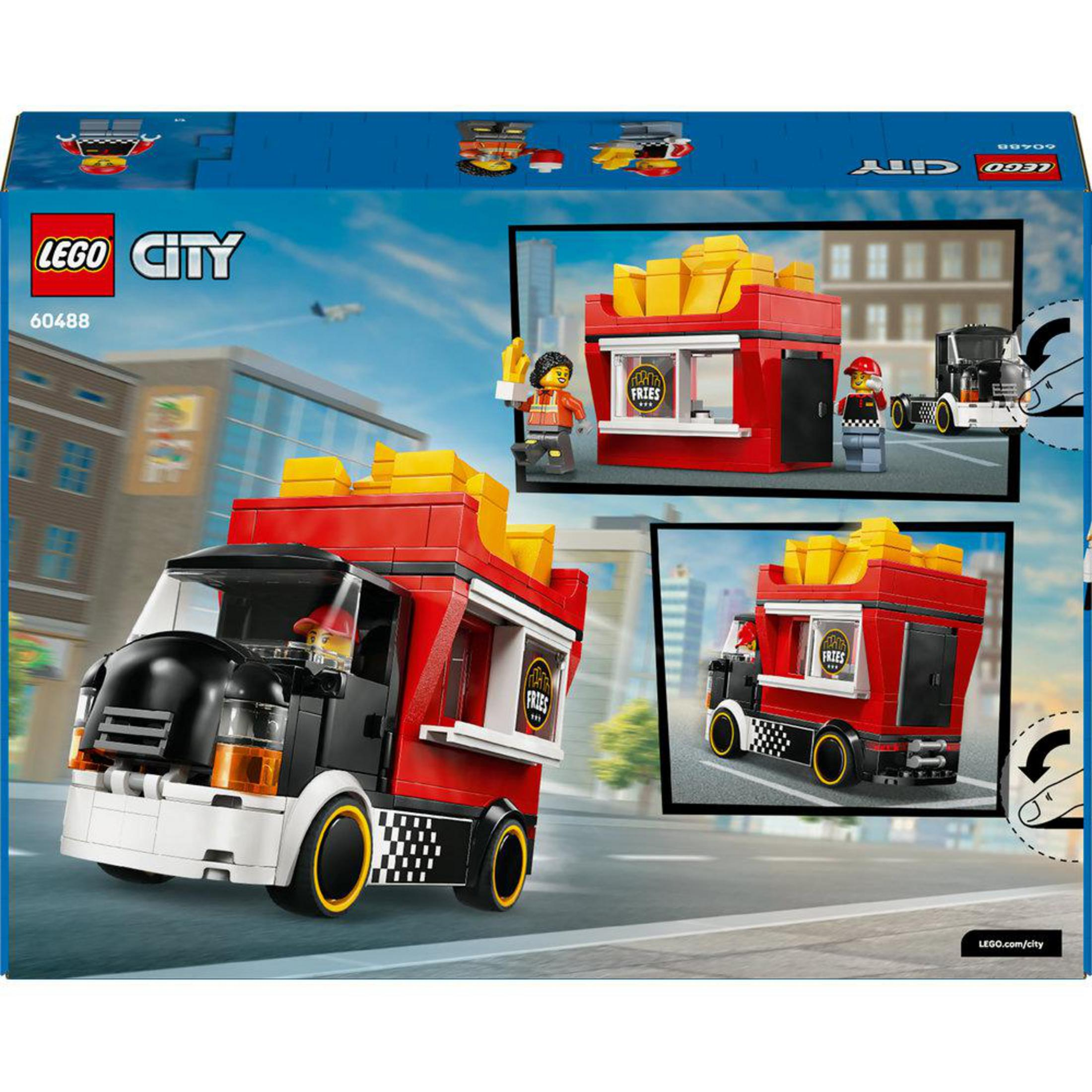Ciężarówka z frytkami LEGO City z dwiema minifigurkami i tłem miasta.