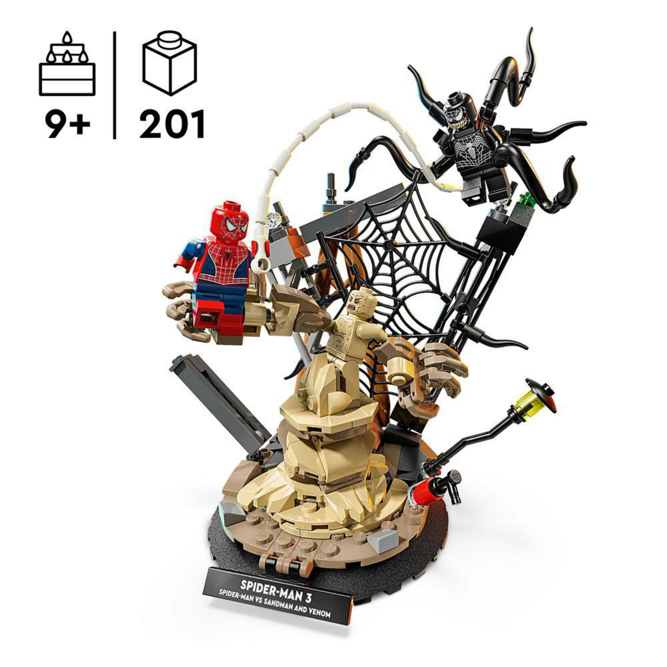 Zestaw LEGO Spider-Man, Sandman i Venom z pajęczyną i formacją piaskową.