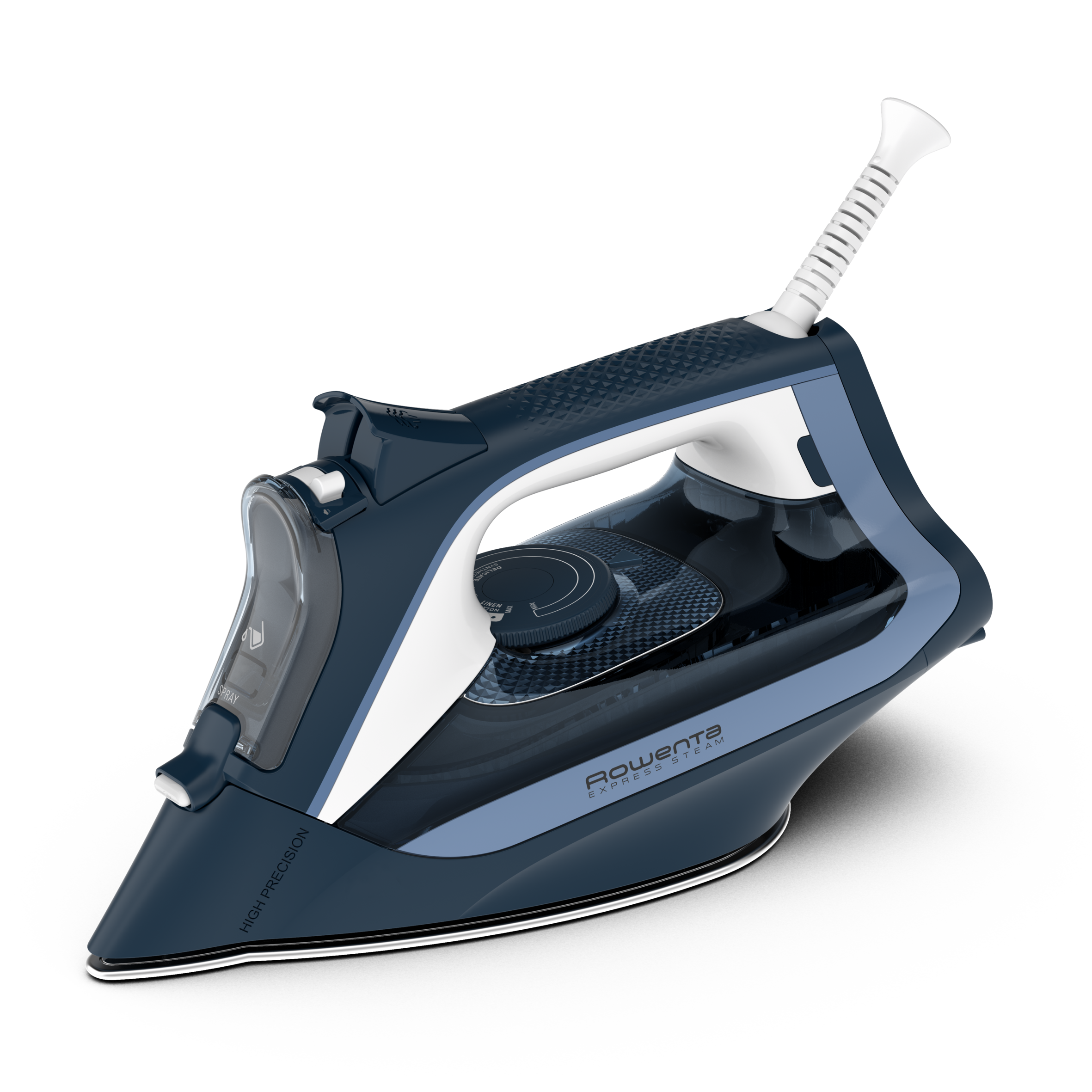 Niebieskie żelazko parowe z białym uchwytem i przezroczystym zbiornikiem na wodę.