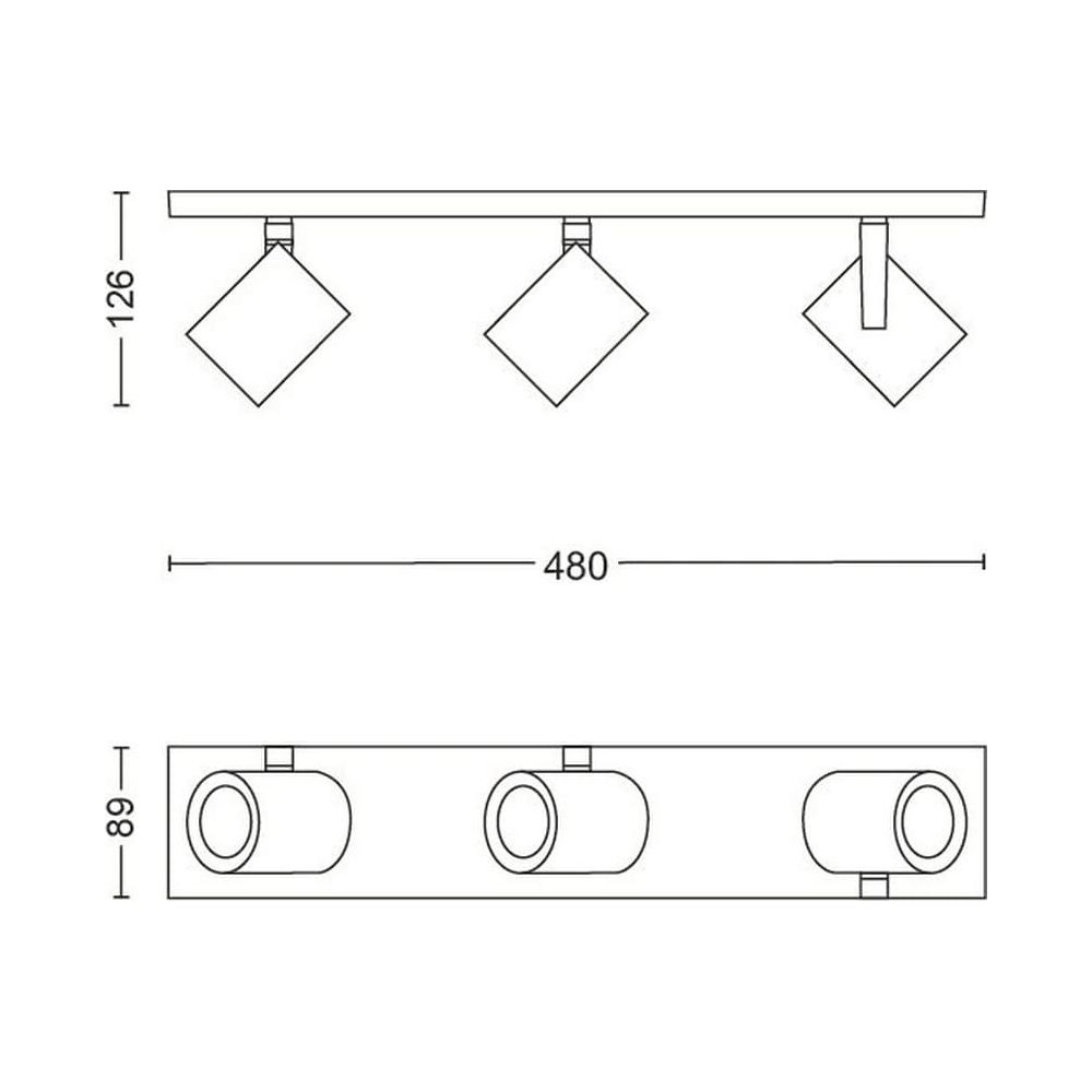 Technische tekening van een drielamps plafondlamp met afmetingen.