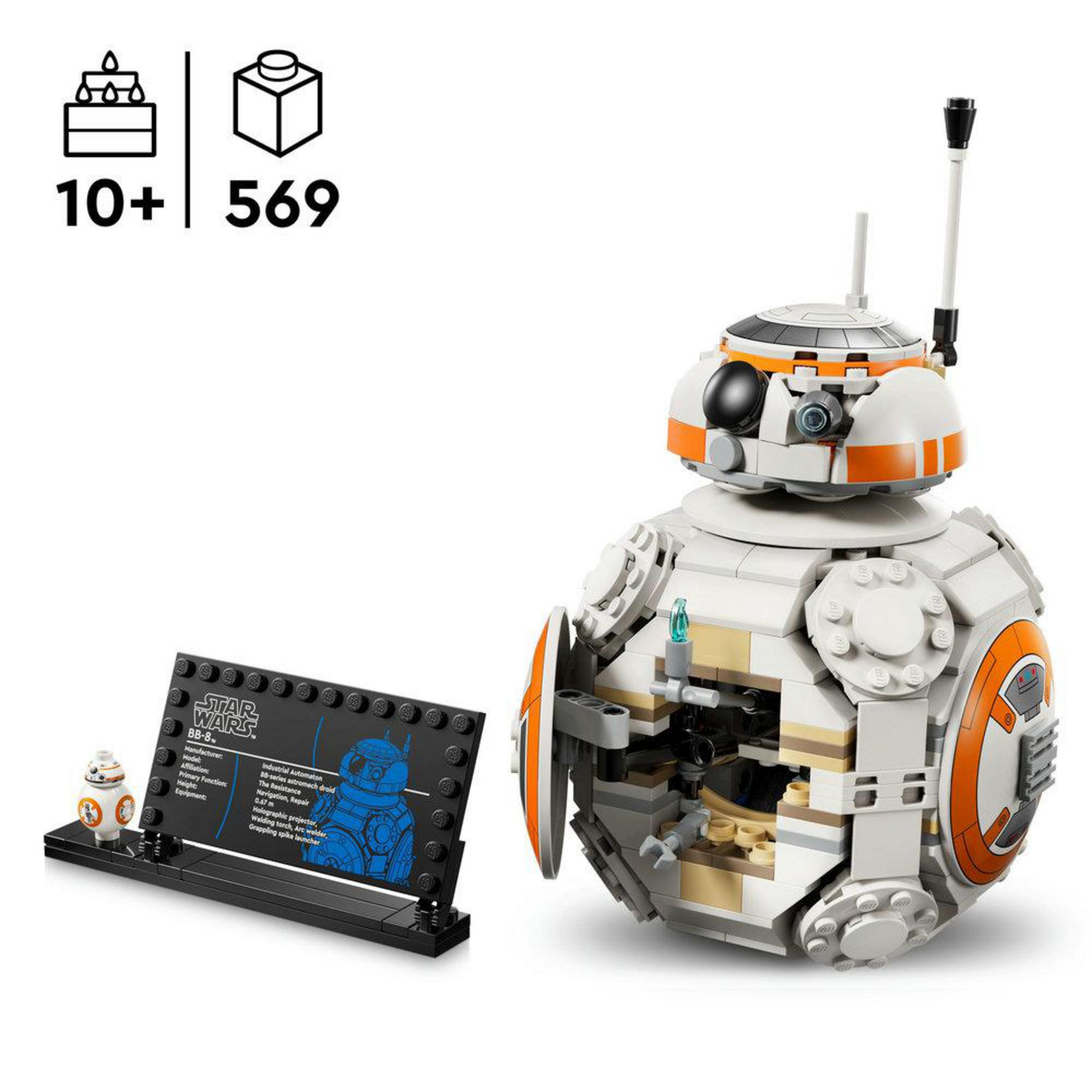 Droid LEGO BB-8 z Gwiezdnych Wojen z tabliczką informacyjną i mini-figurką.