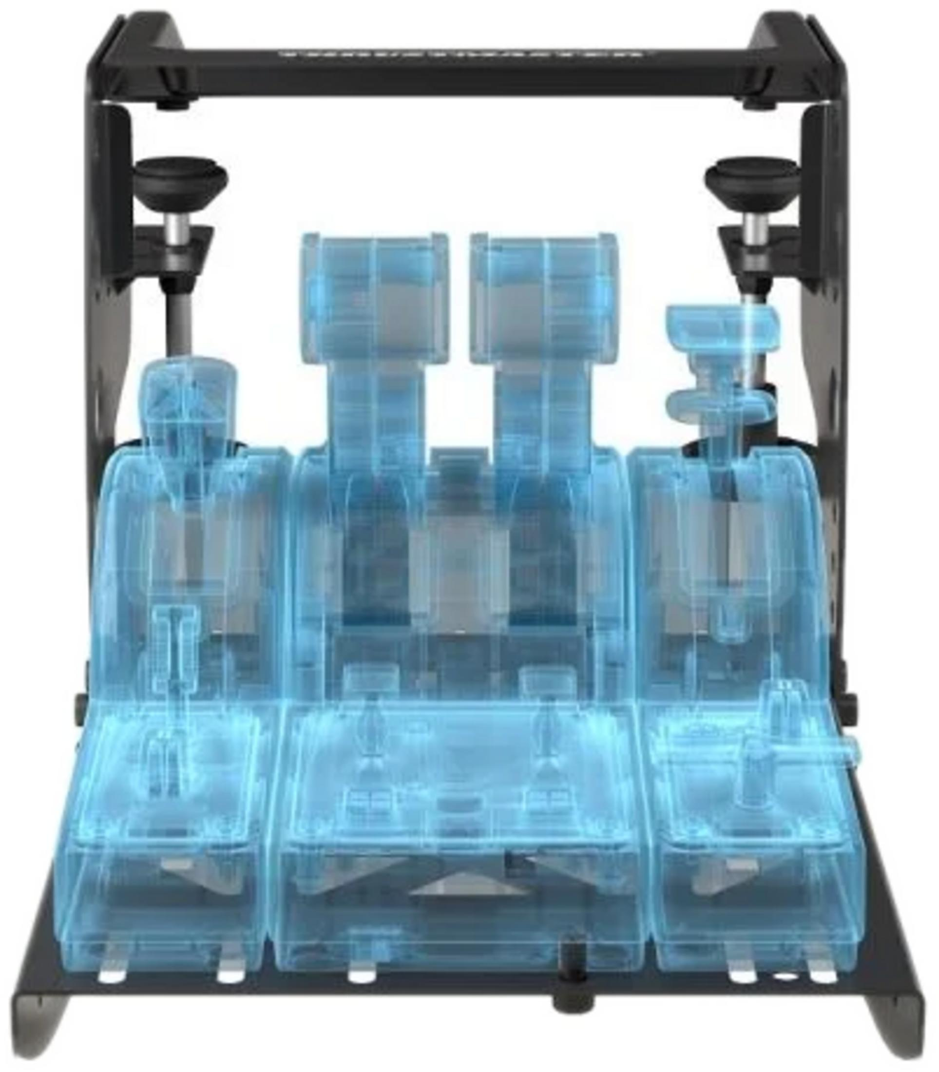 Un appareil bleu transparent avec des mécanismes argentés sur un cadre noir.
