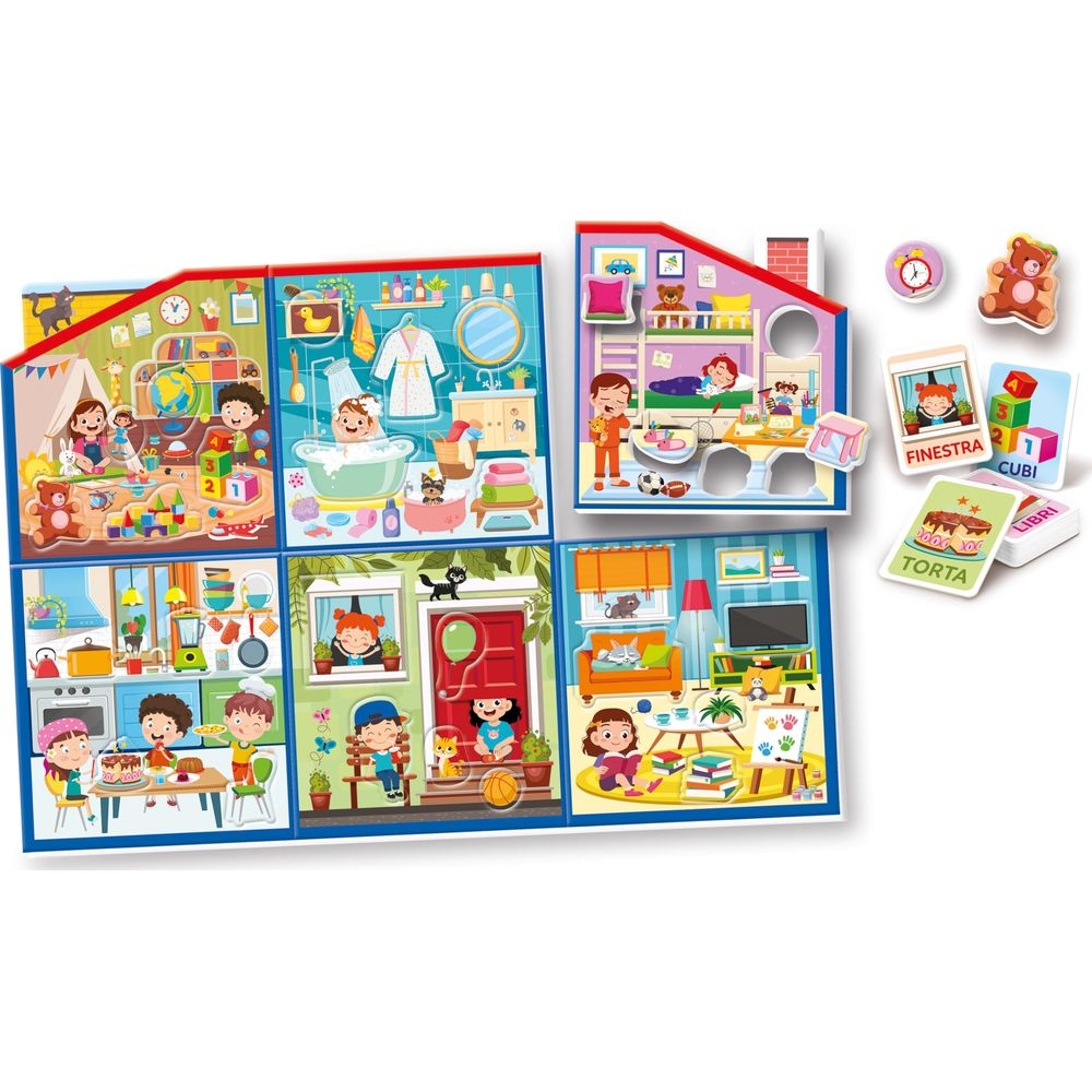 Scene di stanze con bambini, bagno, cucina, camera e soggiorno.