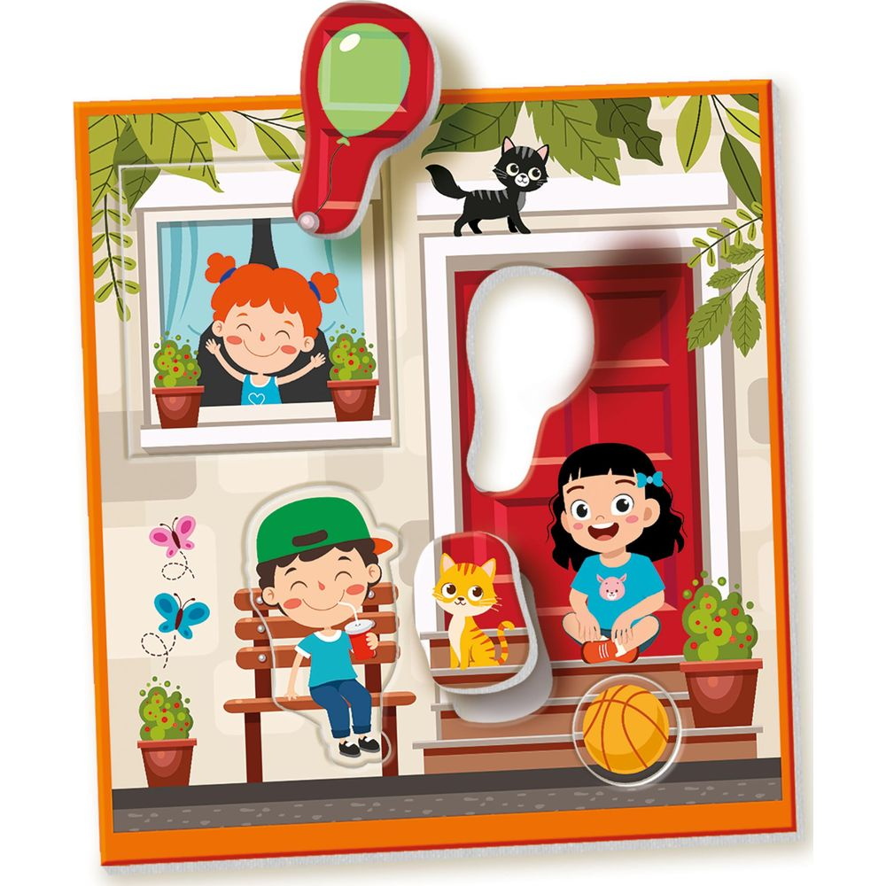 Tavola giocattolo colorata con bambini, animali e un palloncino.