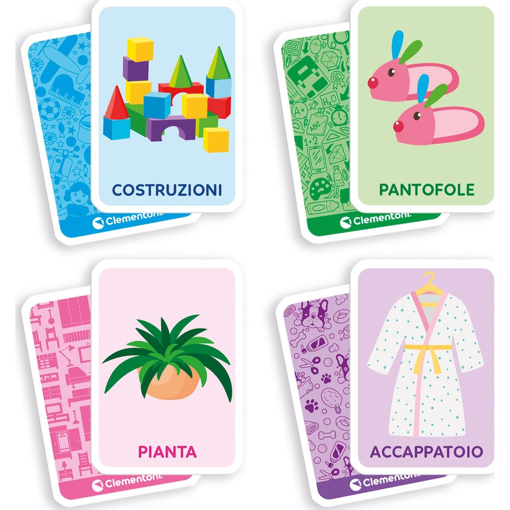 Blocchi colorati, pantofole, pianta e accappatoio su carte.