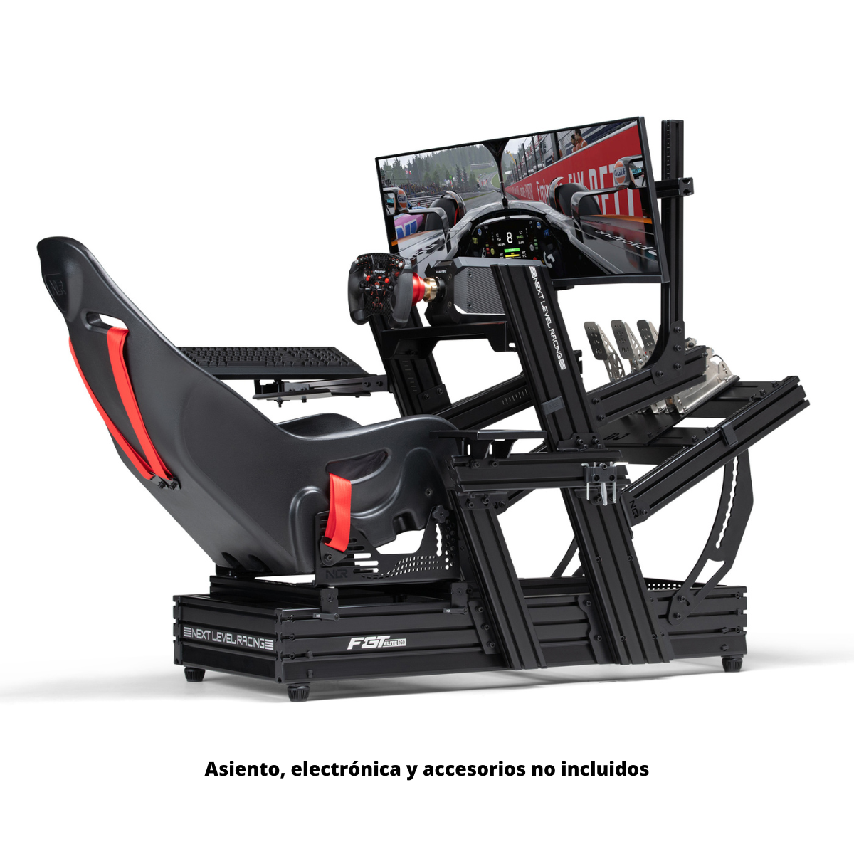 Un cockpit simulador de carreras negro con volante, pedales y dos pantallas.