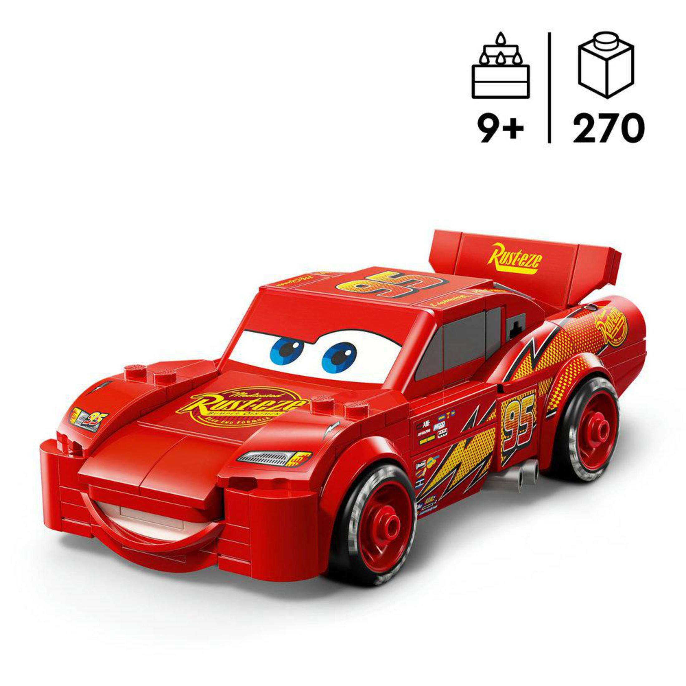 Czerwony samochód Lego z dużymi niebieskimi oczami i numerem 95 z boku.